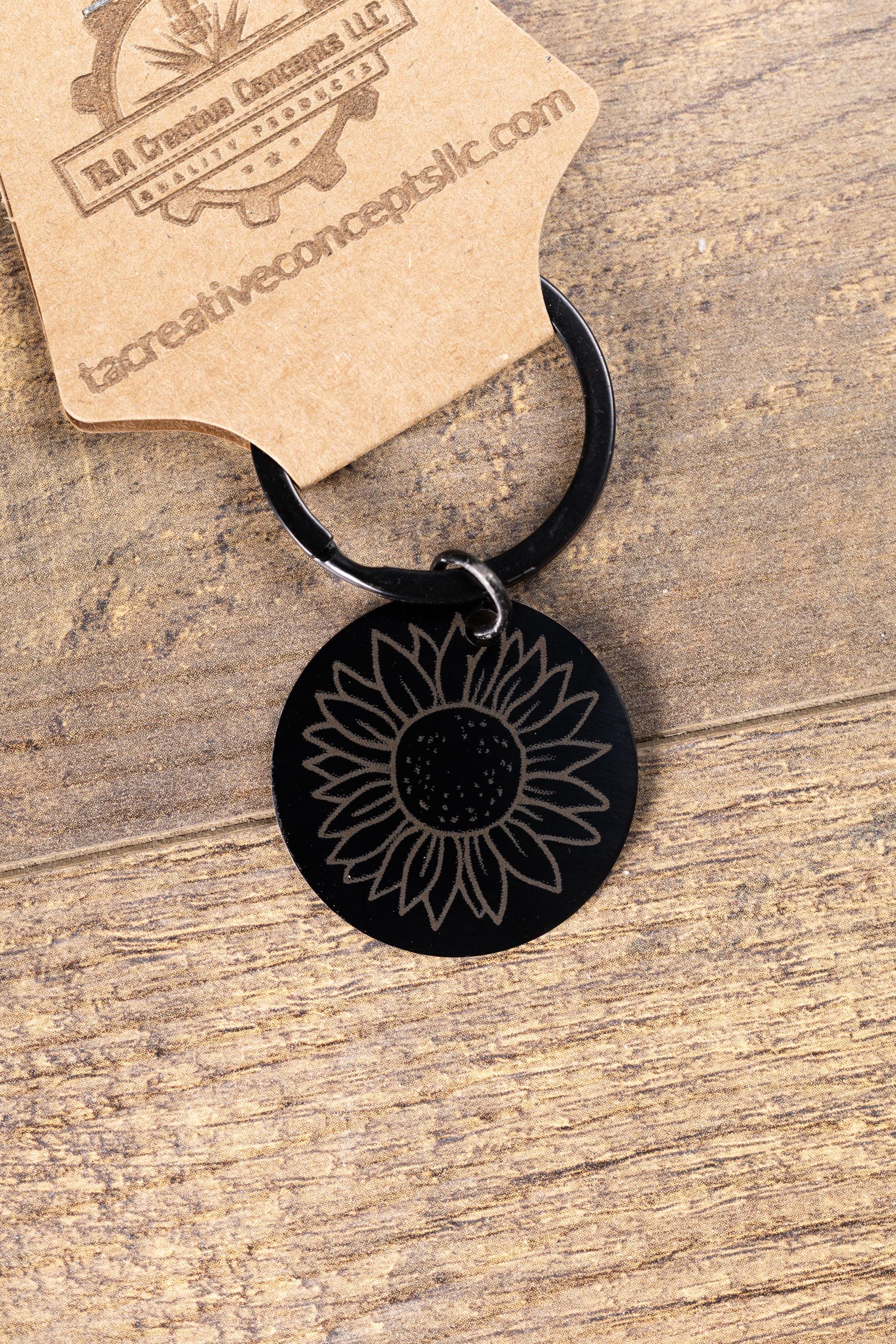 Laser engraved sunflower keychain: black stainless steel, stylish gift