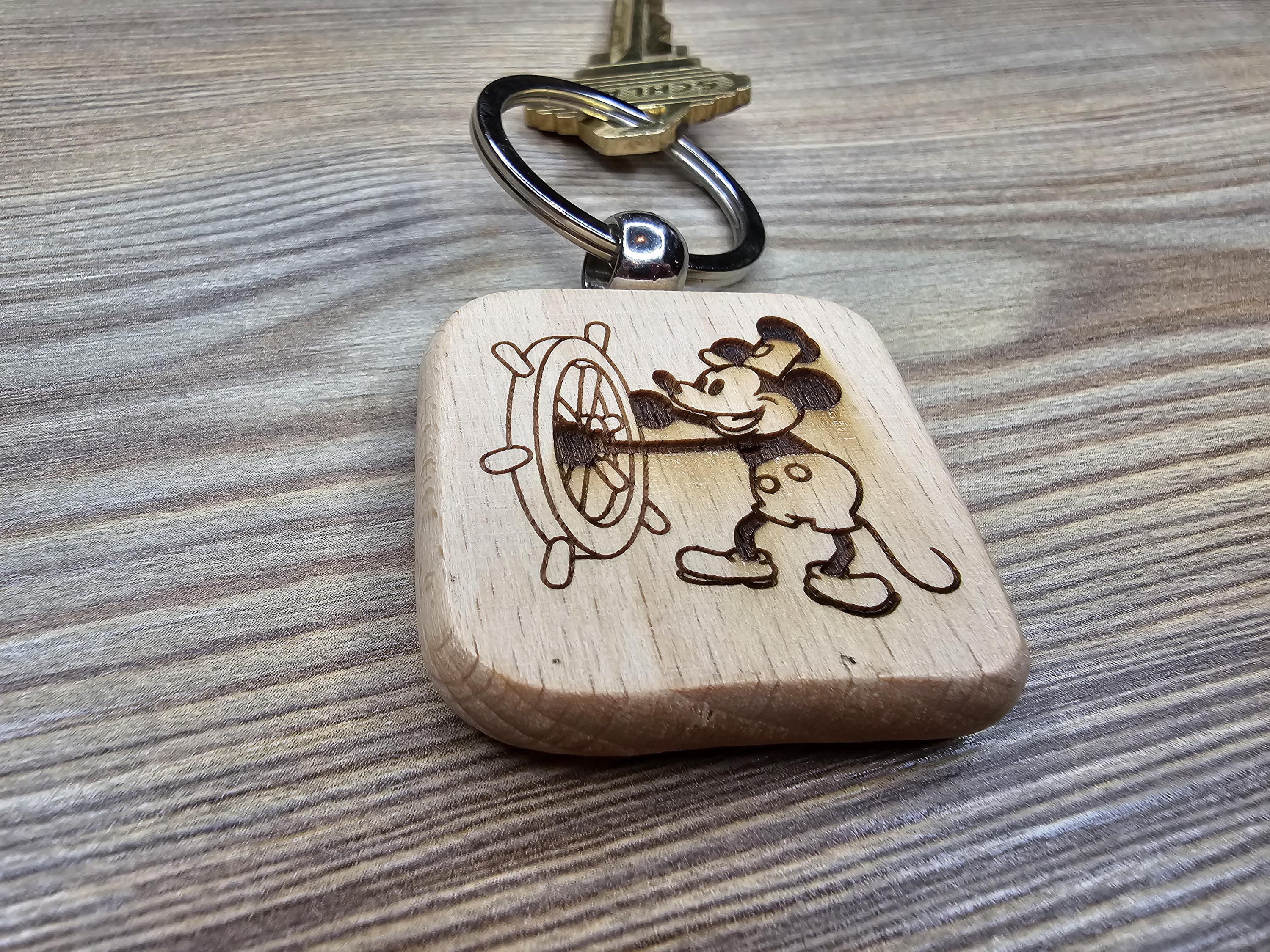 Steamboat Willie Keychain / Bag Charm: laser engraved hardwood, stainless steel keyring