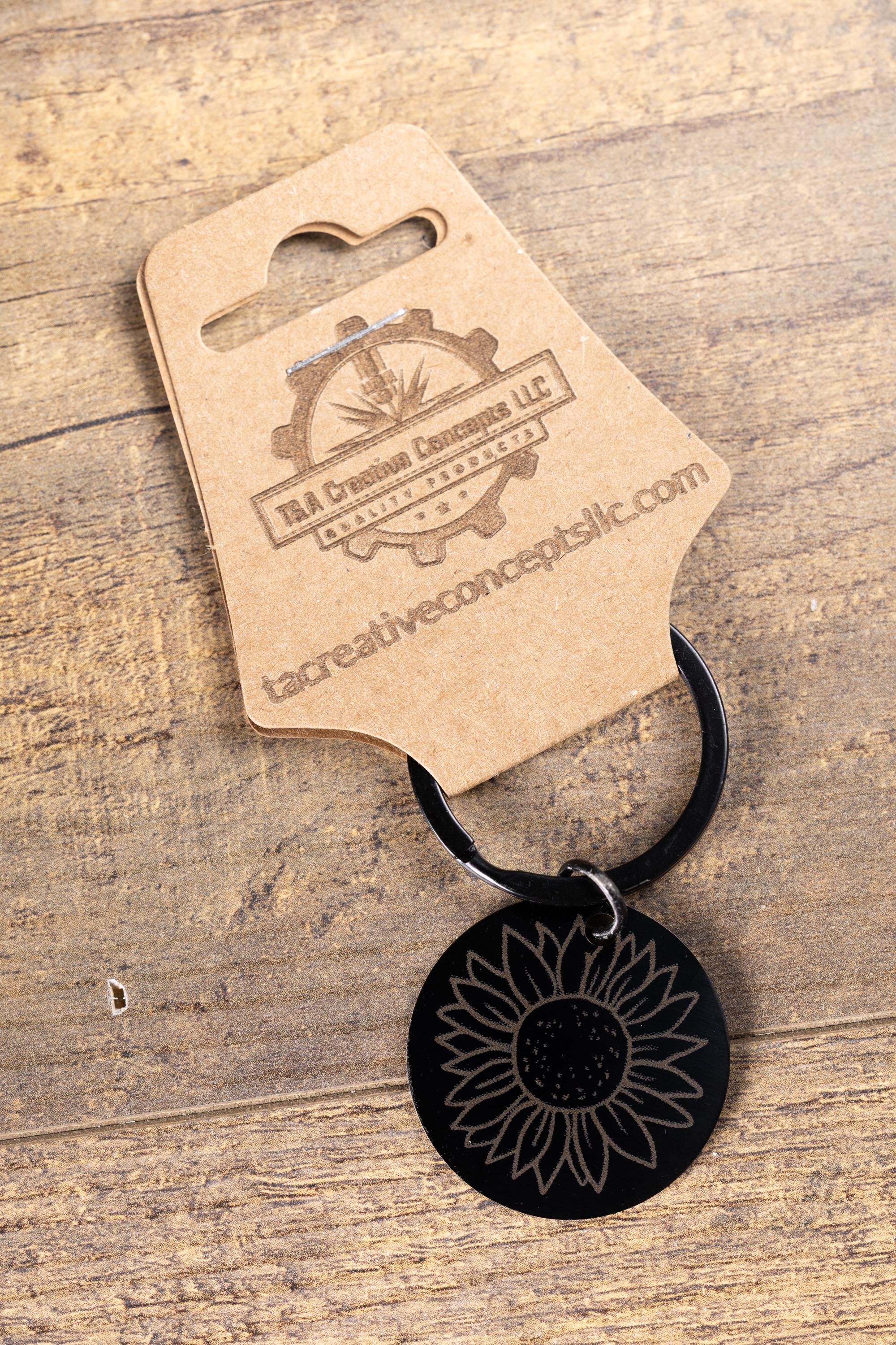 Laser engraved sunflower keychain: black stainless steel, stylish gift