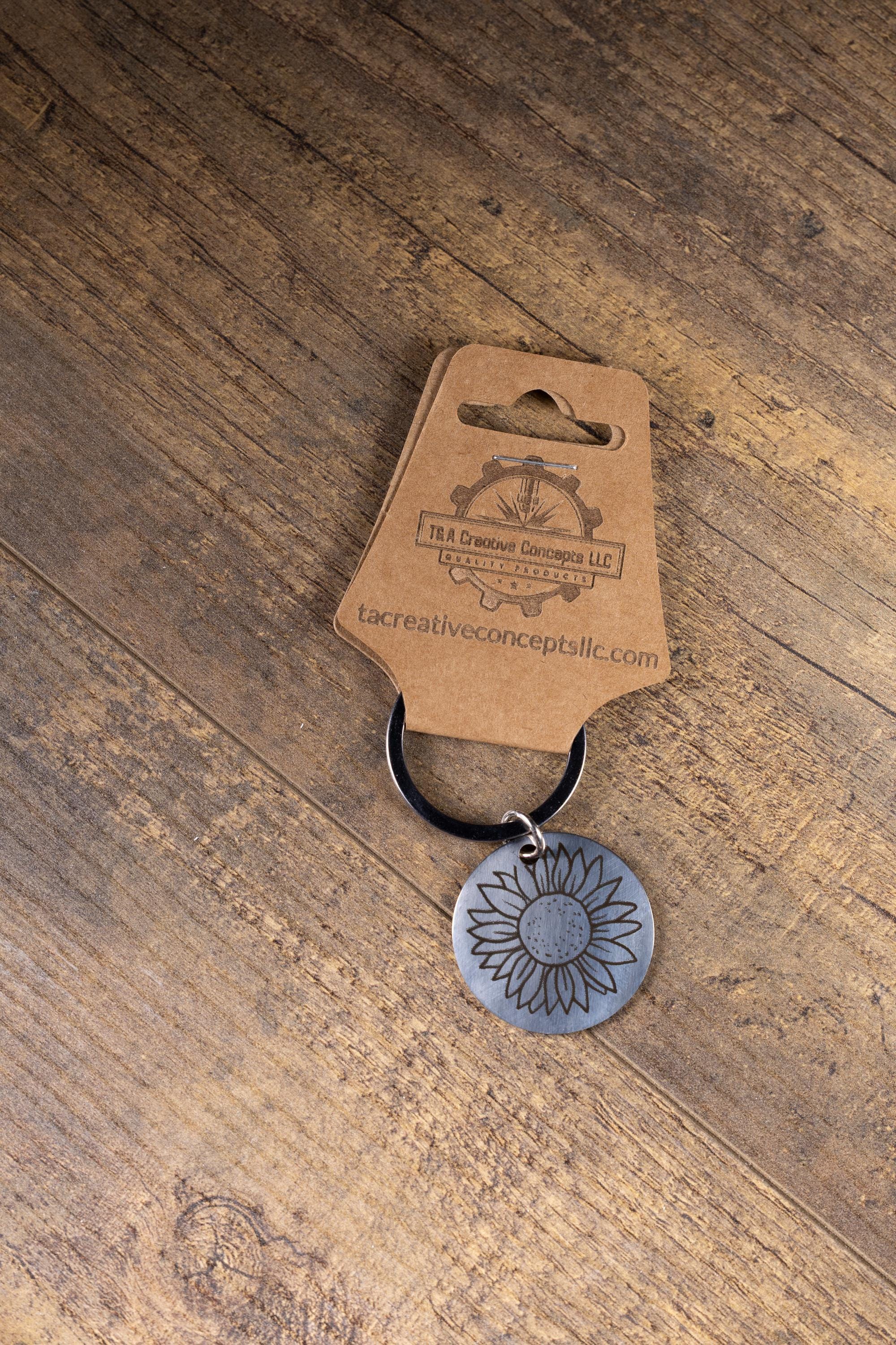 Laser engraved sunflower stainless steel keychain - floral gift