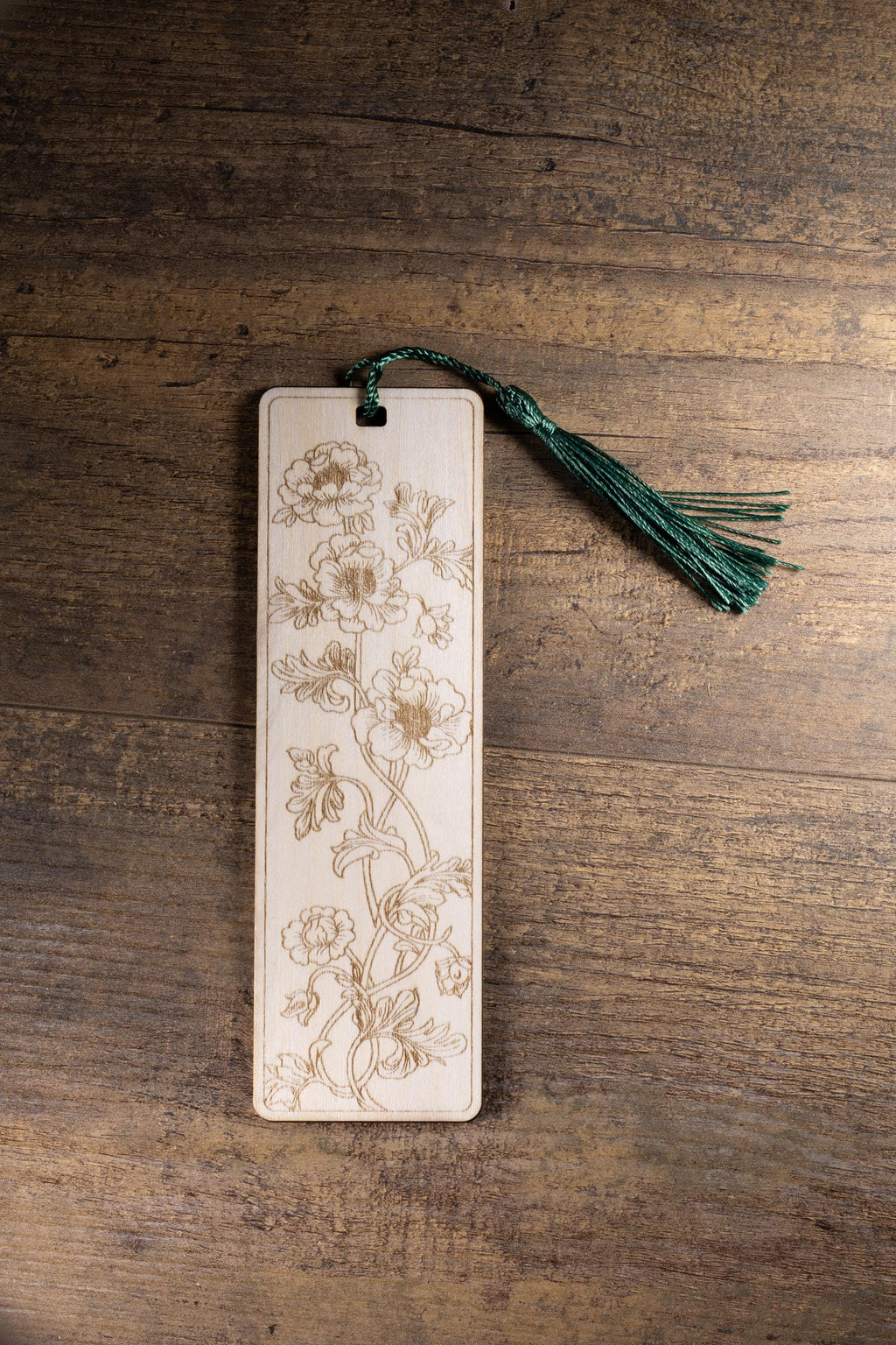 Floral laser engraved wood bookmark with tassel