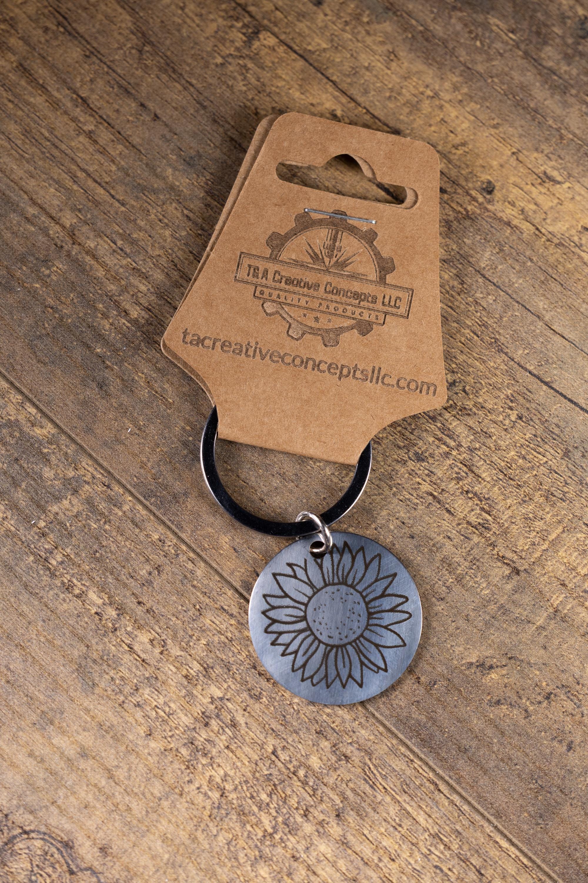 Laser engraved sunflower stainless steel keychain - floral gift