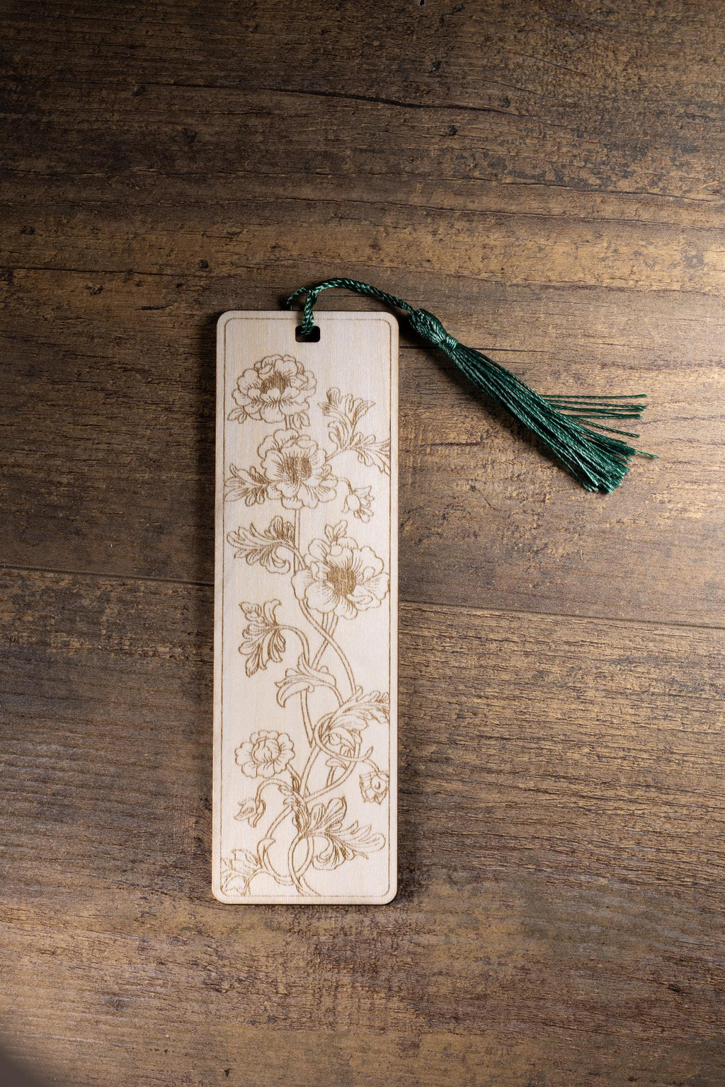 Floral laser engraved wood bookmark with tassel