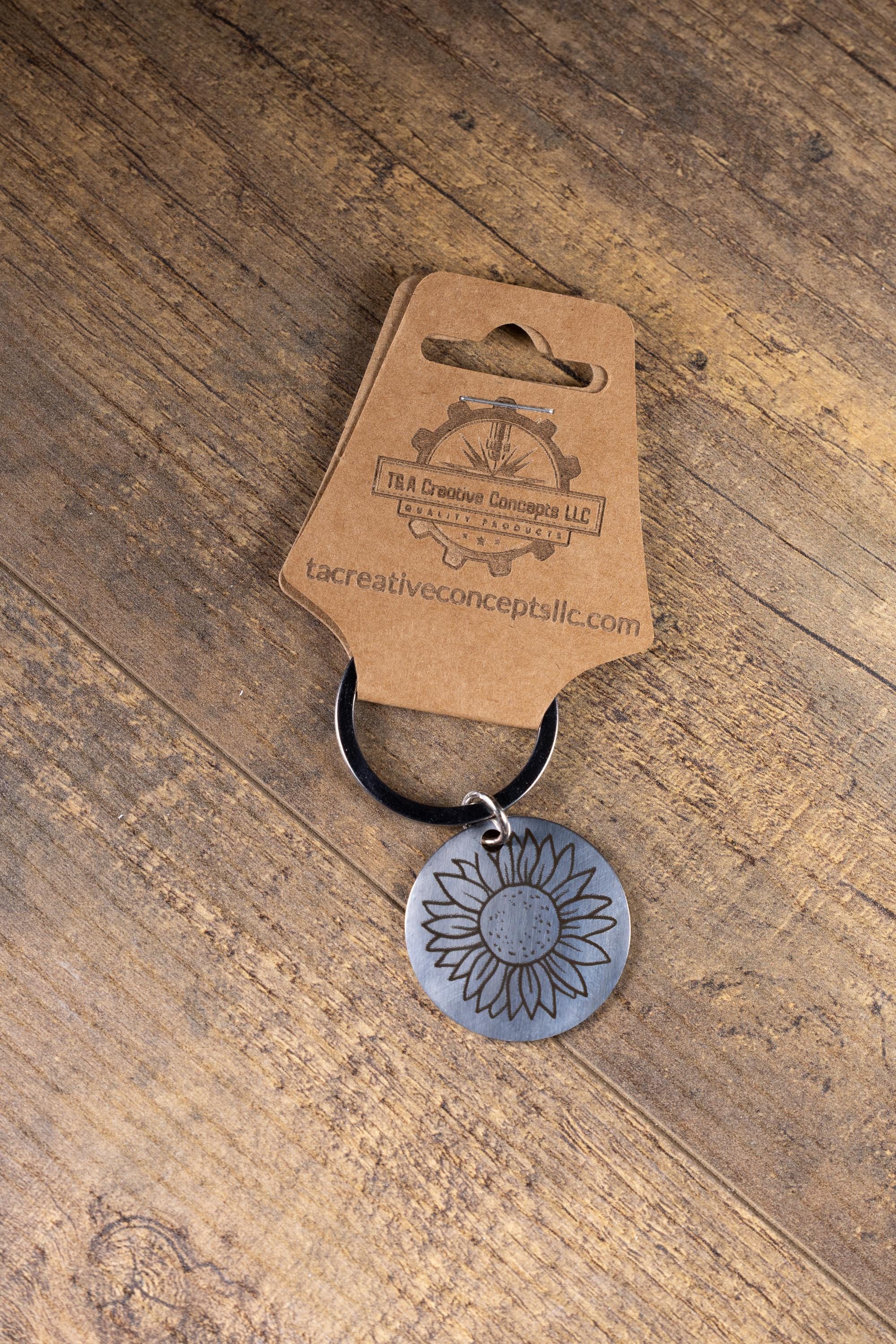Laser engraved sunflower stainless steel keychain - floral gift