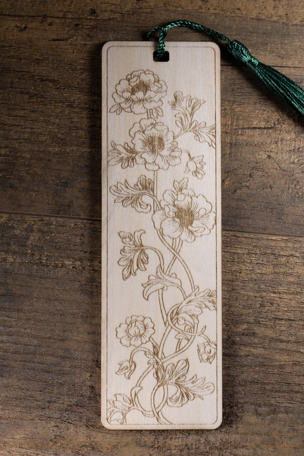 Floral laser engraved wood bookmark with tassel
