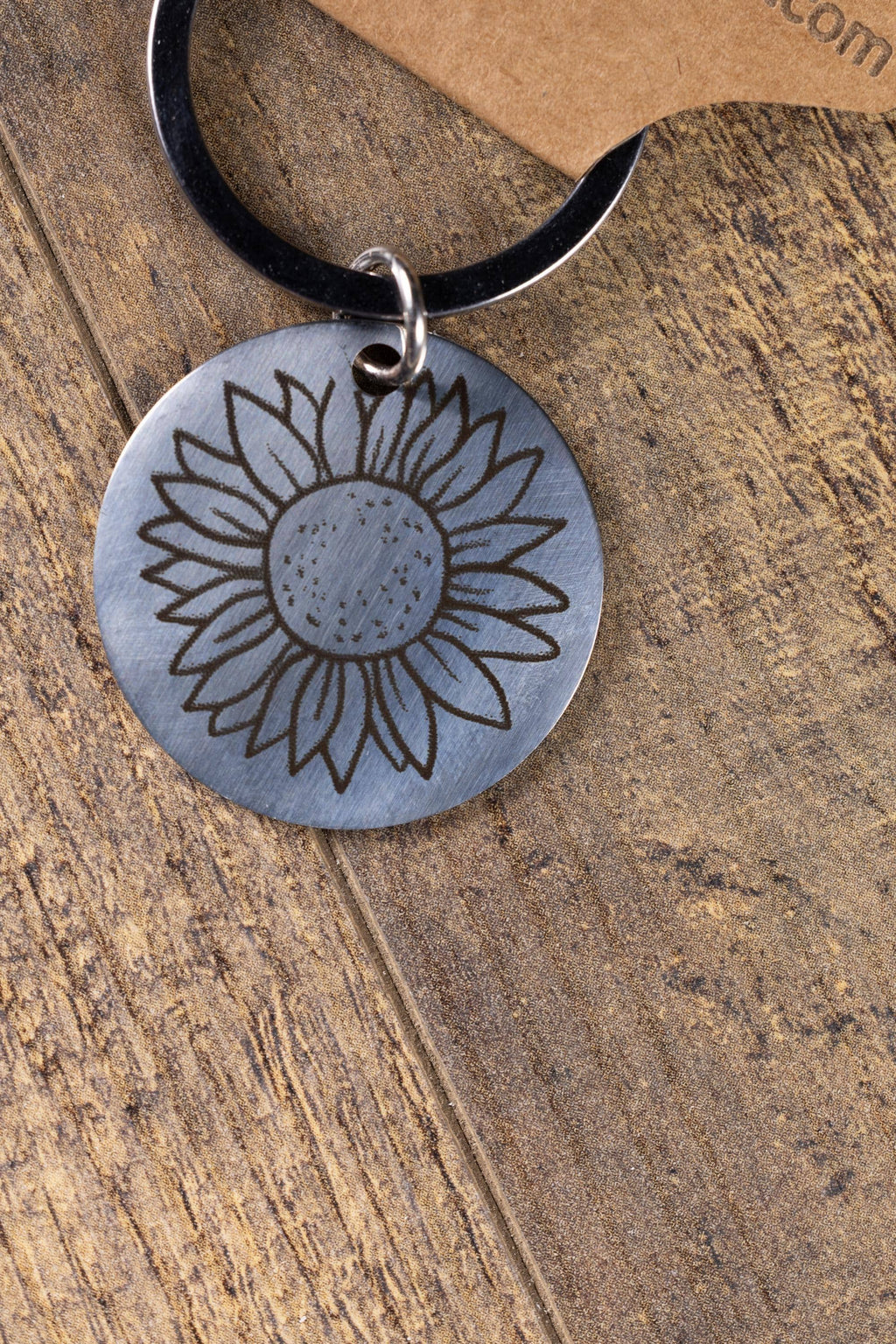 Laser engraved sunflower stainless steel keychain - floral gift