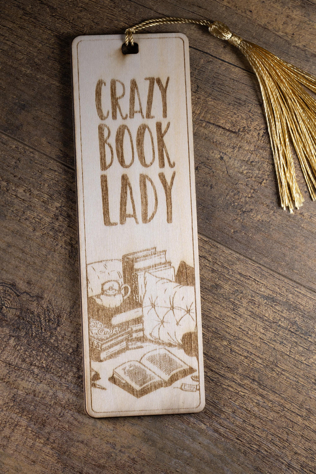 Crazy book lady engraved wood bookmark with tassel