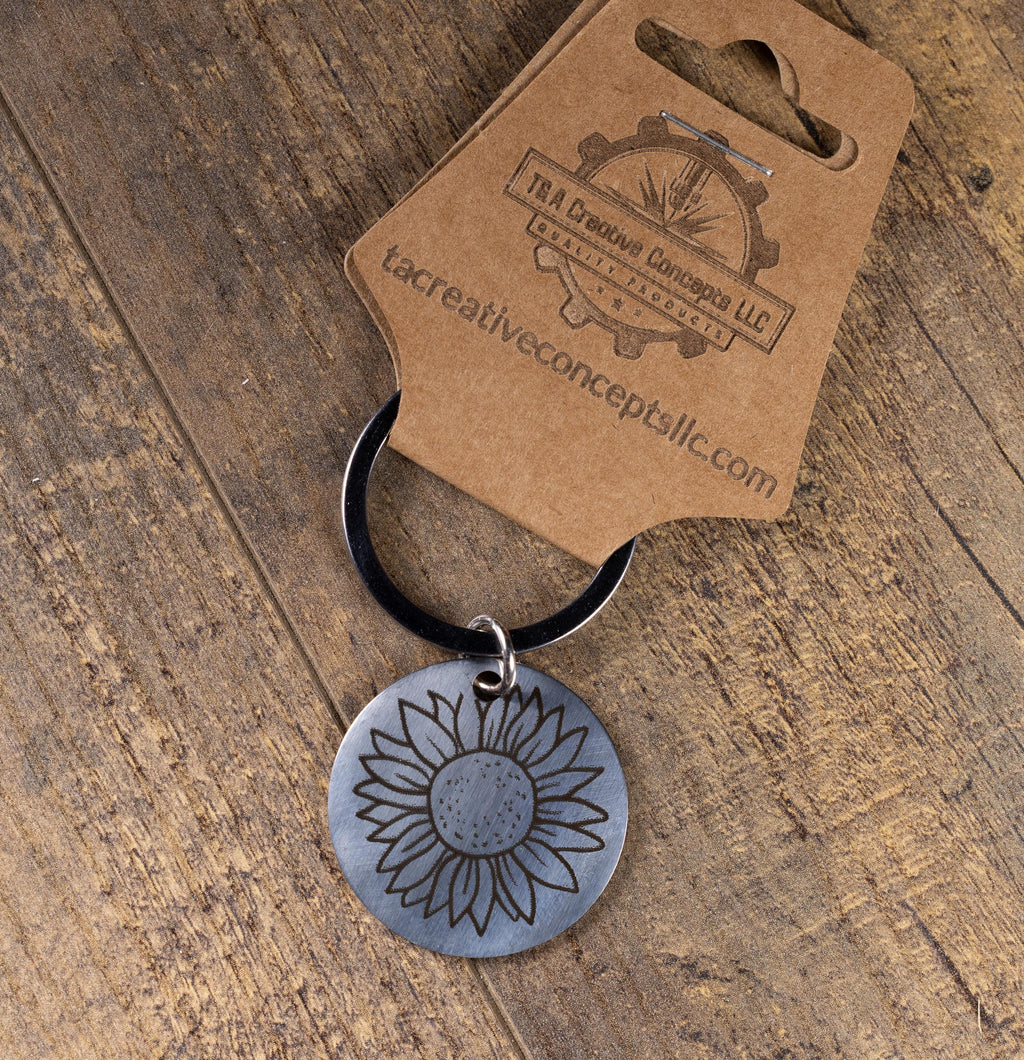 Laser engraved sunflower stainless steel keychain - floral gift