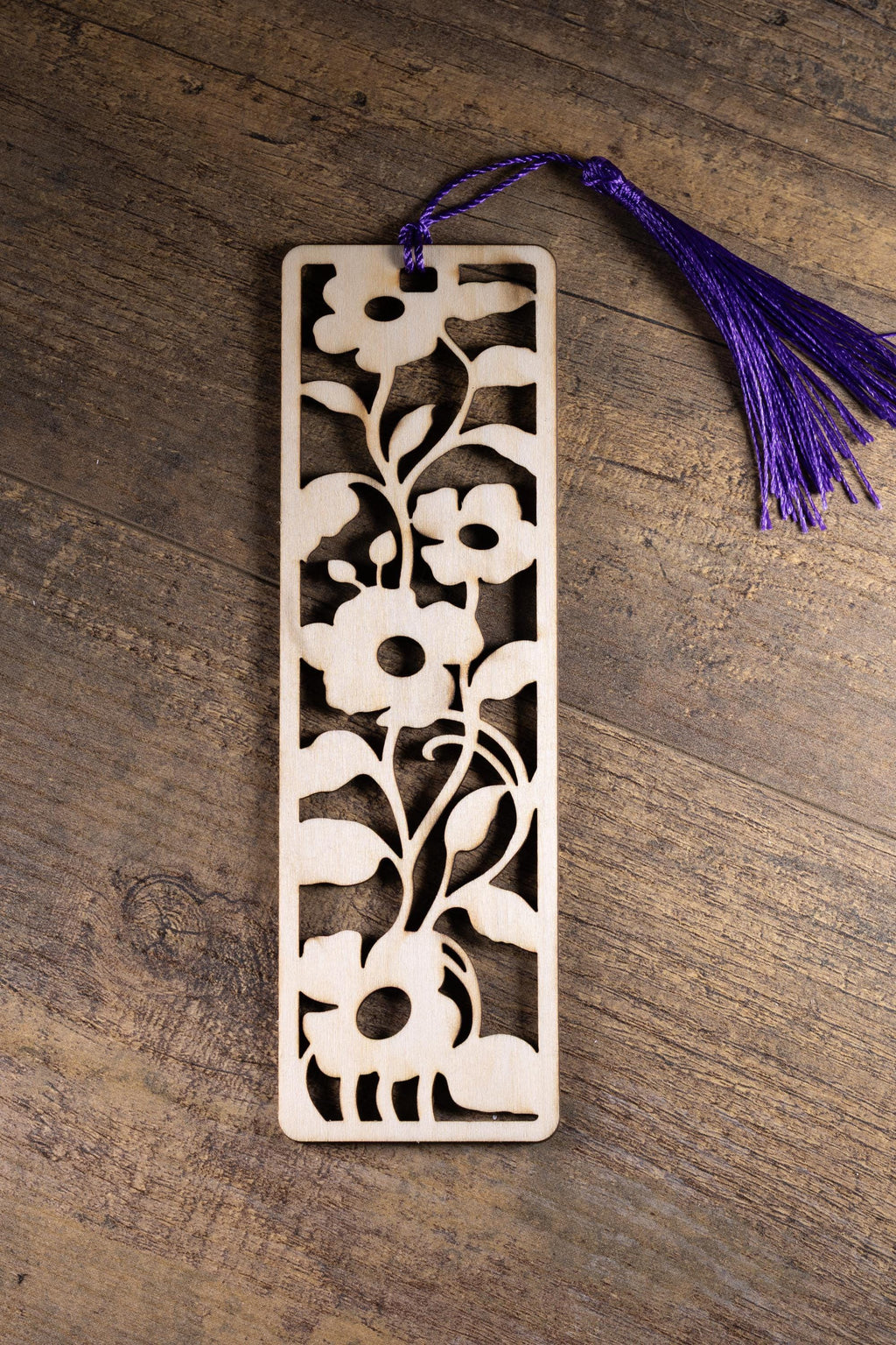 Laser cut floral wood bookmark: intricate flower design