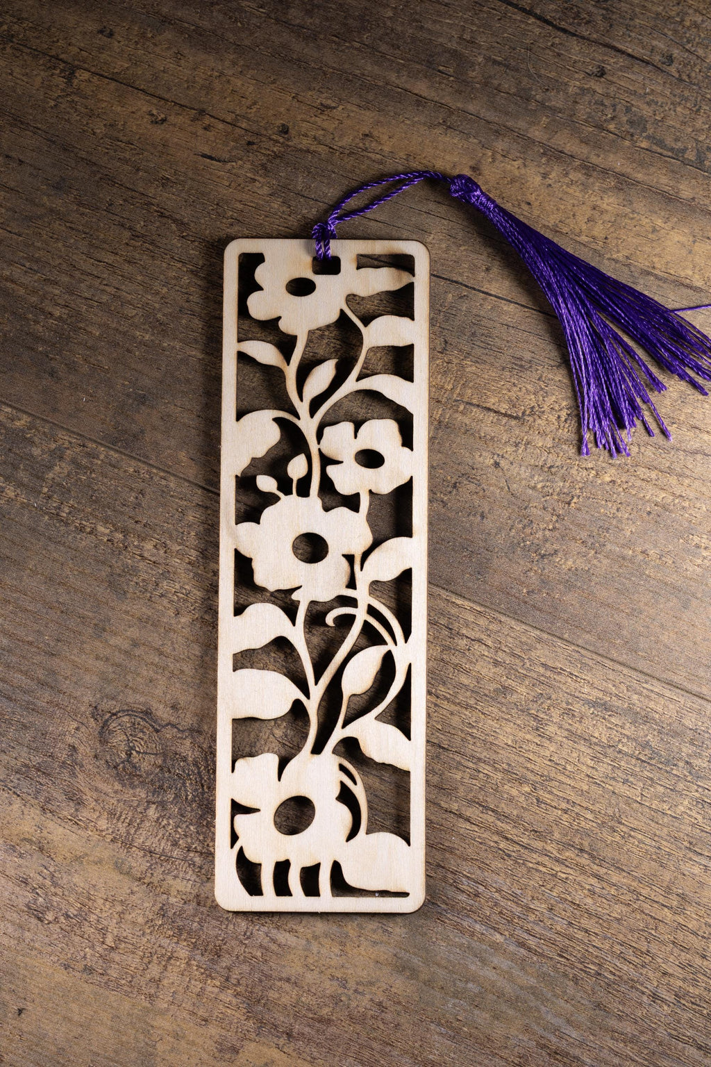 Laser cut floral wood bookmark: intricate flower design