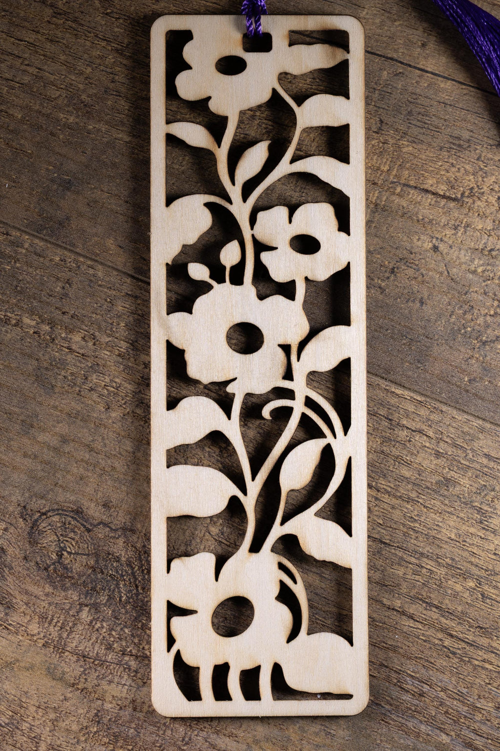 Laser cut floral wood bookmark: intricate flower design