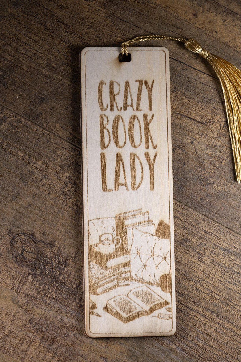 Crazy book lady engraved wood bookmark with tassel