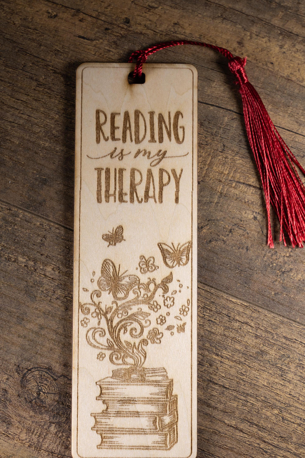 Laser engraved “reading is my therapy” wood bookmark | book lover gift | 1/8” ply | random tassel color