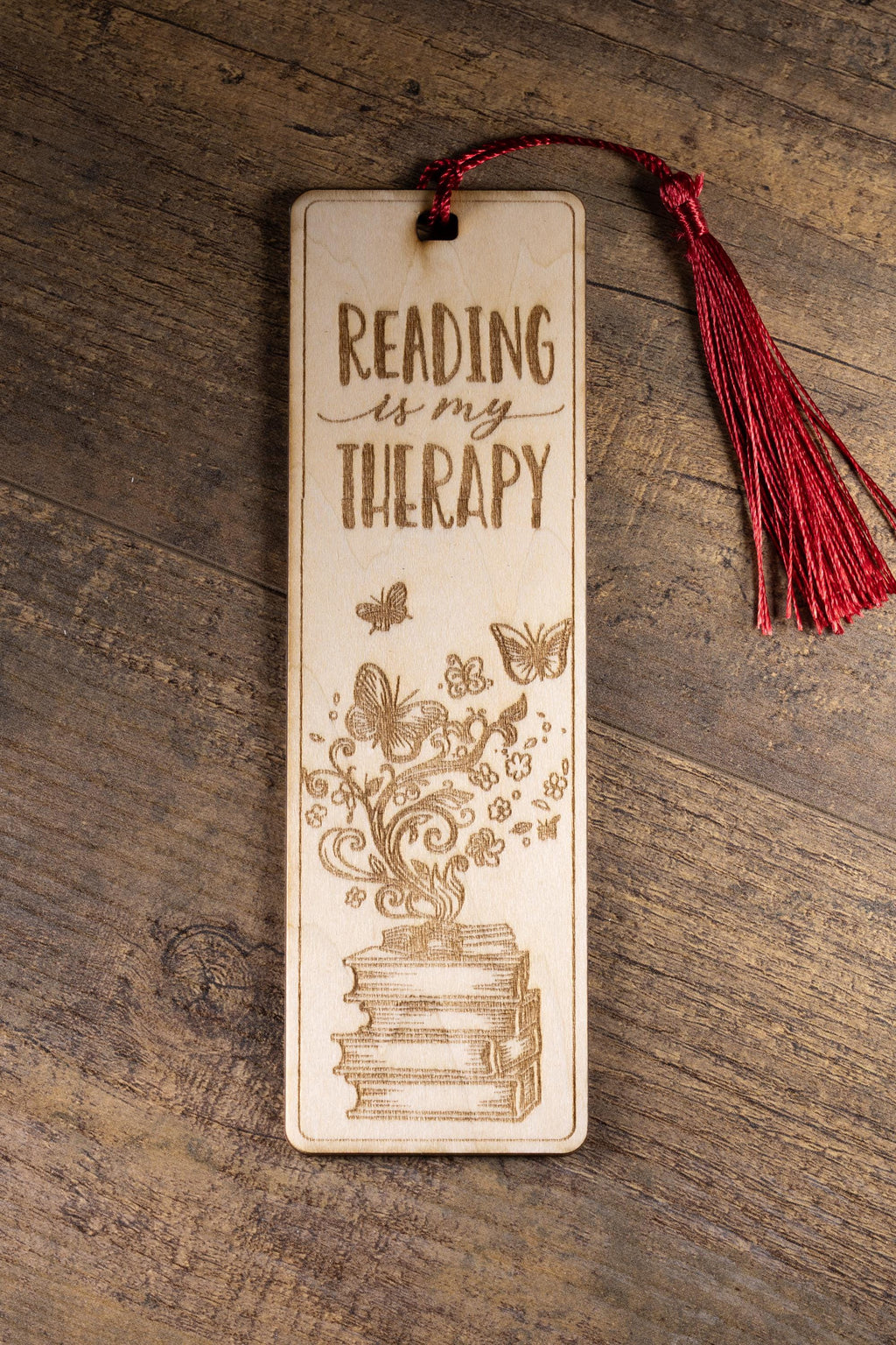 Laser engraved “reading is my therapy” wood bookmark | book lover gift | 1/8” ply | random tassel color