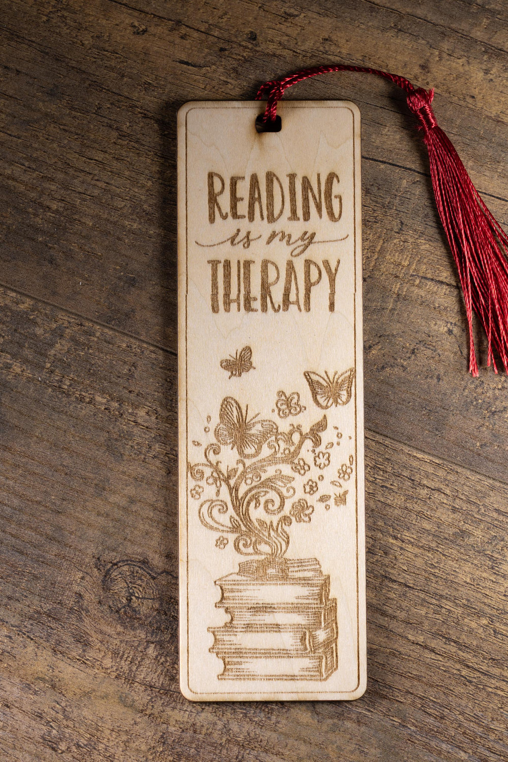 Laser engraved “reading is my therapy” wood bookmark | book lover gift | 1/8” ply | random tassel color