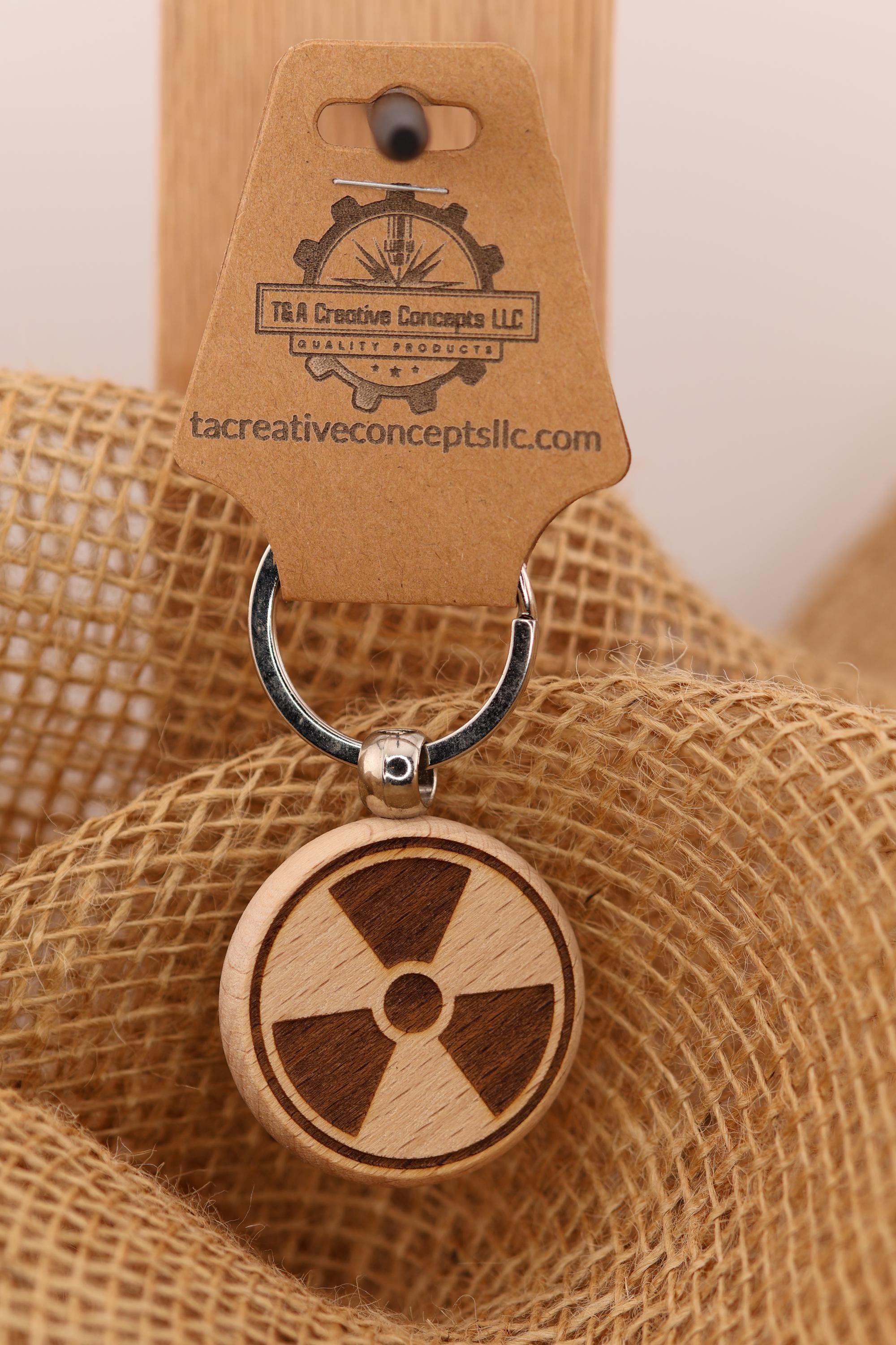Radioactive symbol keychain / Bag Charm – double-sided laser engraved wood with stainless steel keyring, science/gamer gift