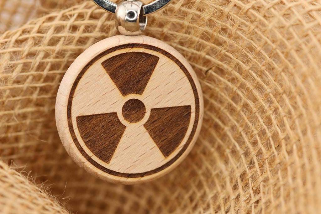 Radioactive symbol keychain / Bag Charm – double-sided laser engraved wood with stainless steel keyring, science/gamer gift