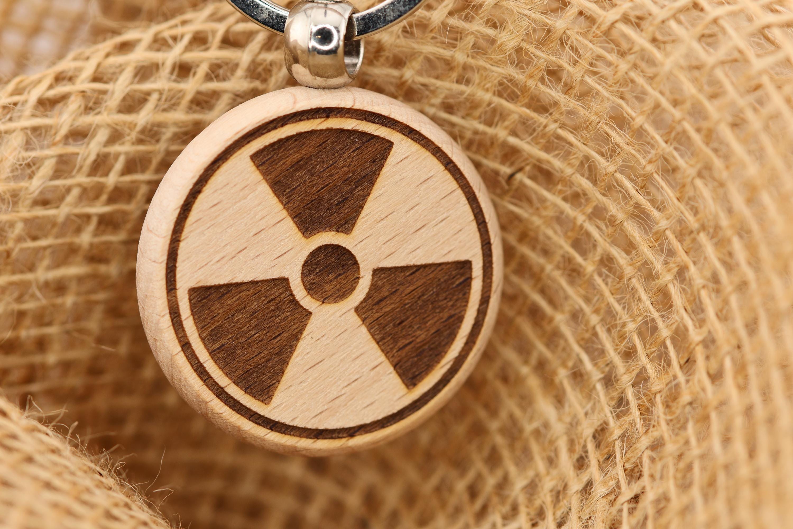 Radioactive symbol keychain / Bag Charm – double-sided laser engraved wood with stainless steel keyring, science/gamer gift