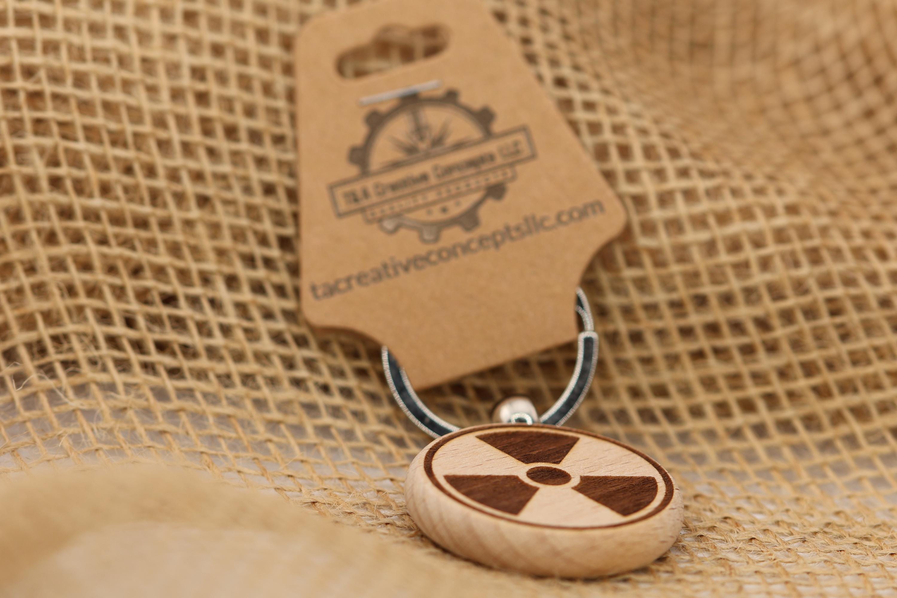 Radioactive symbol keychain / Bag Charm – double-sided laser engraved wood with stainless steel keyring, science/gamer gift