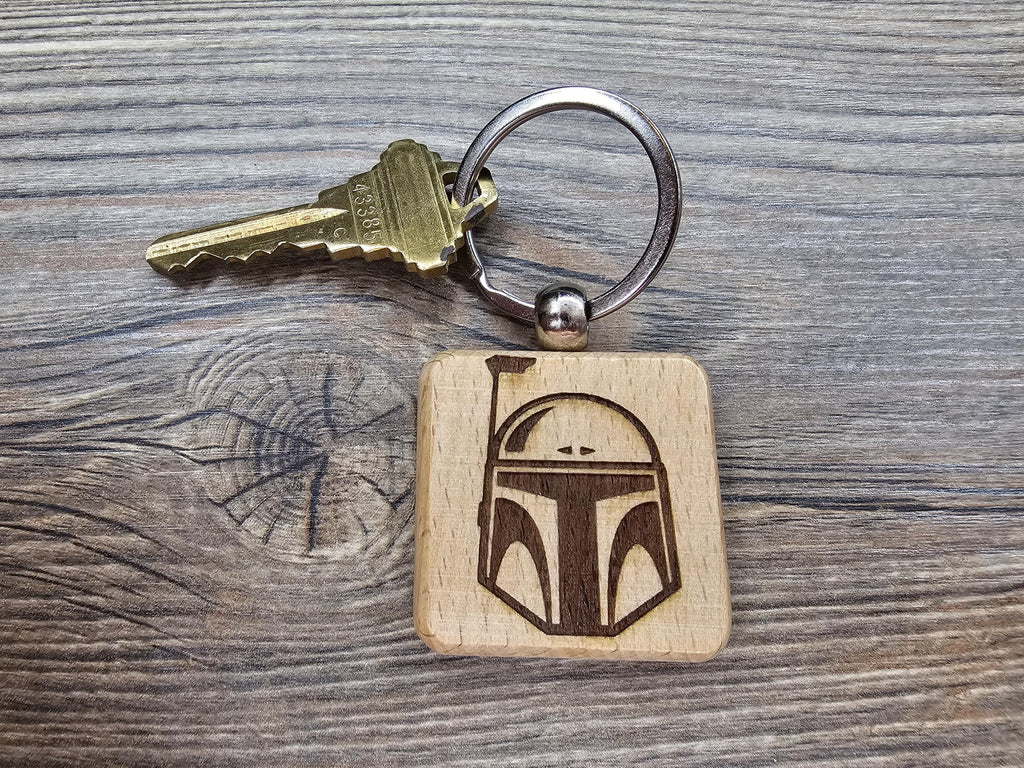 Laser Engraved Boba Fett Helmet Keychain / Bag Charm: hardwood star wars gift