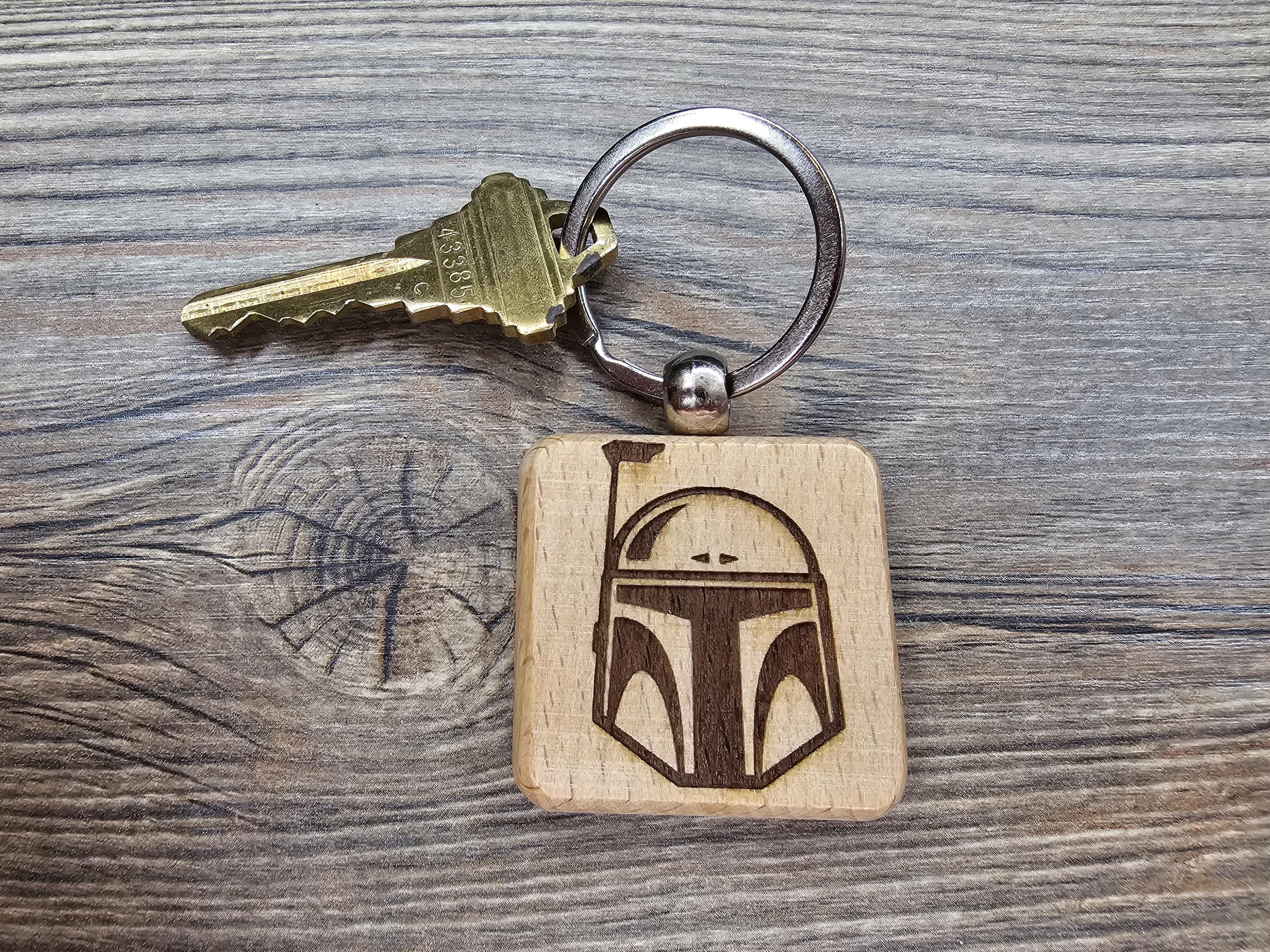 Laser Engraved Boba Fett Helmet Keychain / Bag Charm: hardwood star wars gift