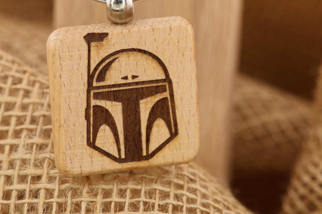 Laser Engraved Boba Fett Helmet Keychain / Bag Charm: hardwood star wars gift