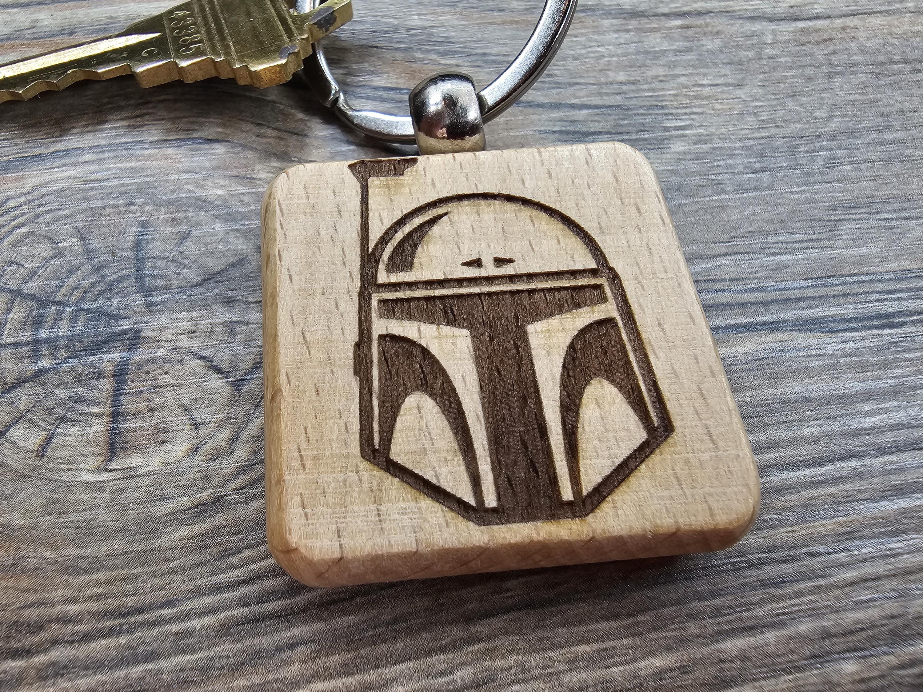 Laser Engraved Boba Fett Helmet Keychain / Bag Charm: hardwood star wars gift
