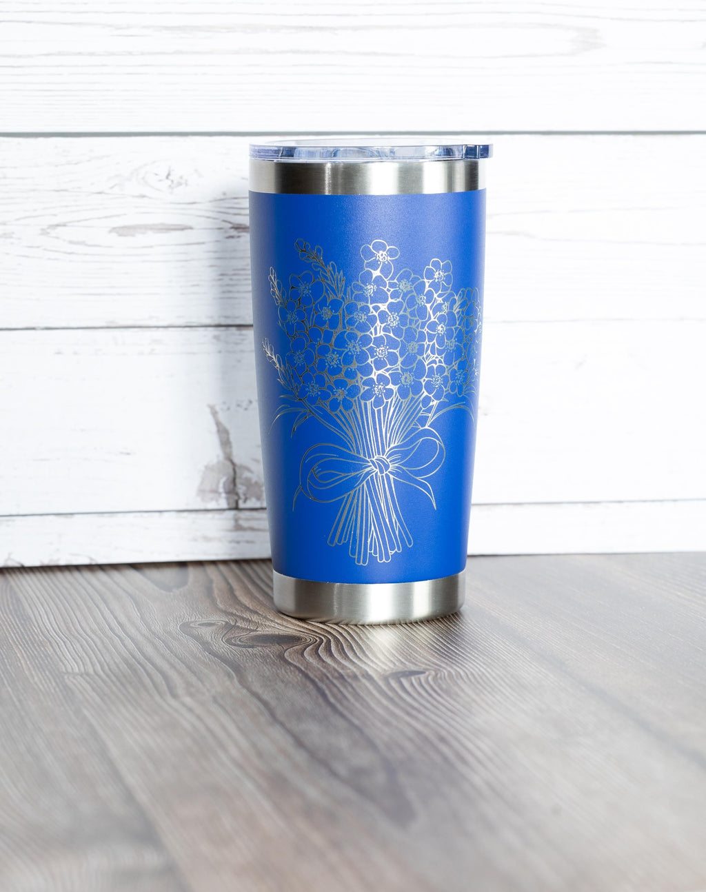 Forget me not bouquet tumbler: floral laser engraved stainless steel cup