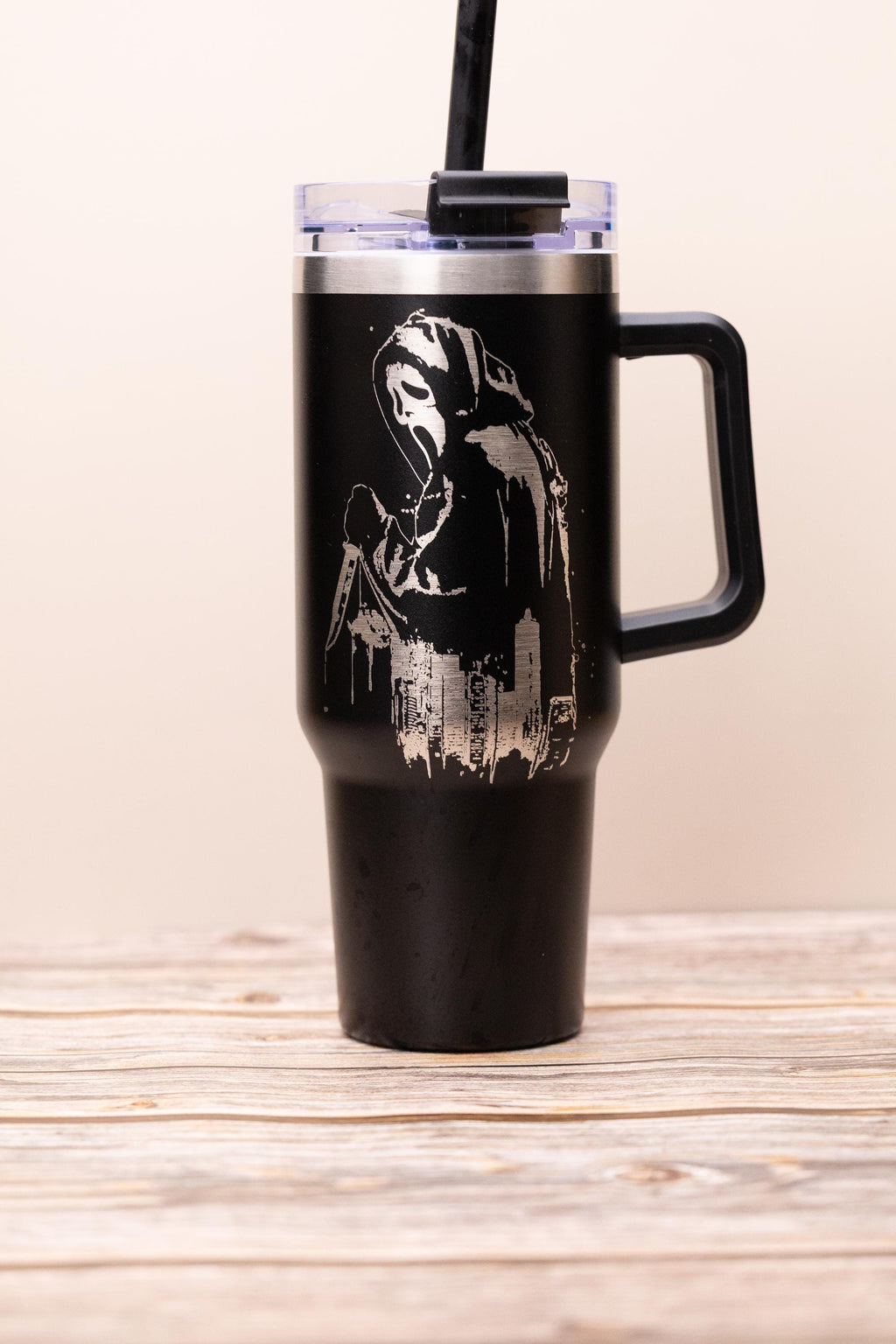 Ghost face tumbler: laser engraved scream movie stainless steel cup