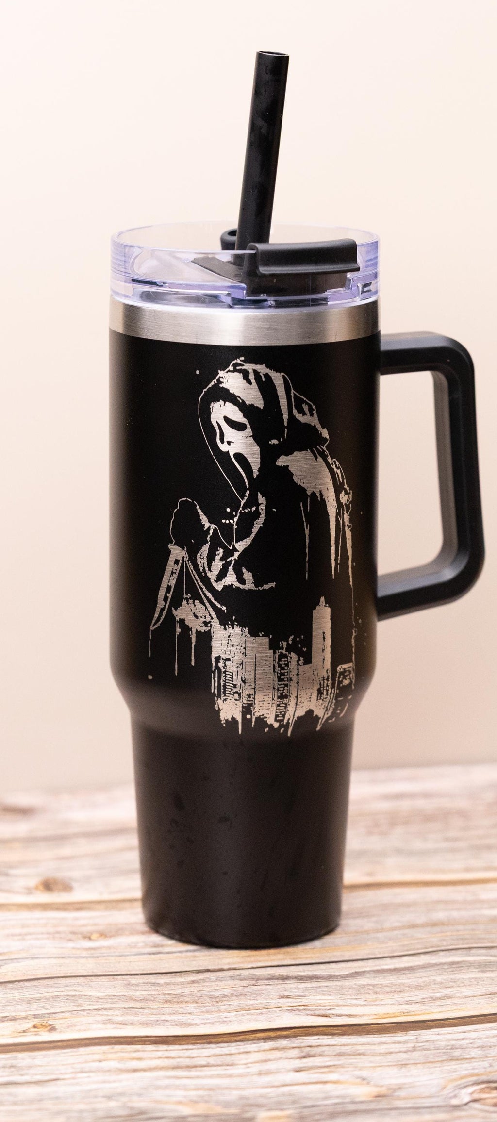 Ghost face tumbler: laser engraved scream movie stainless steel cup