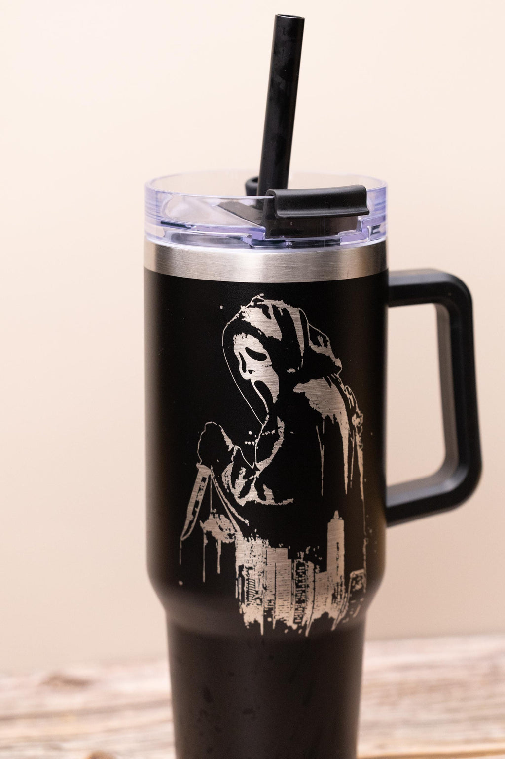 Ghost face tumbler: laser engraved scream movie stainless steel cup