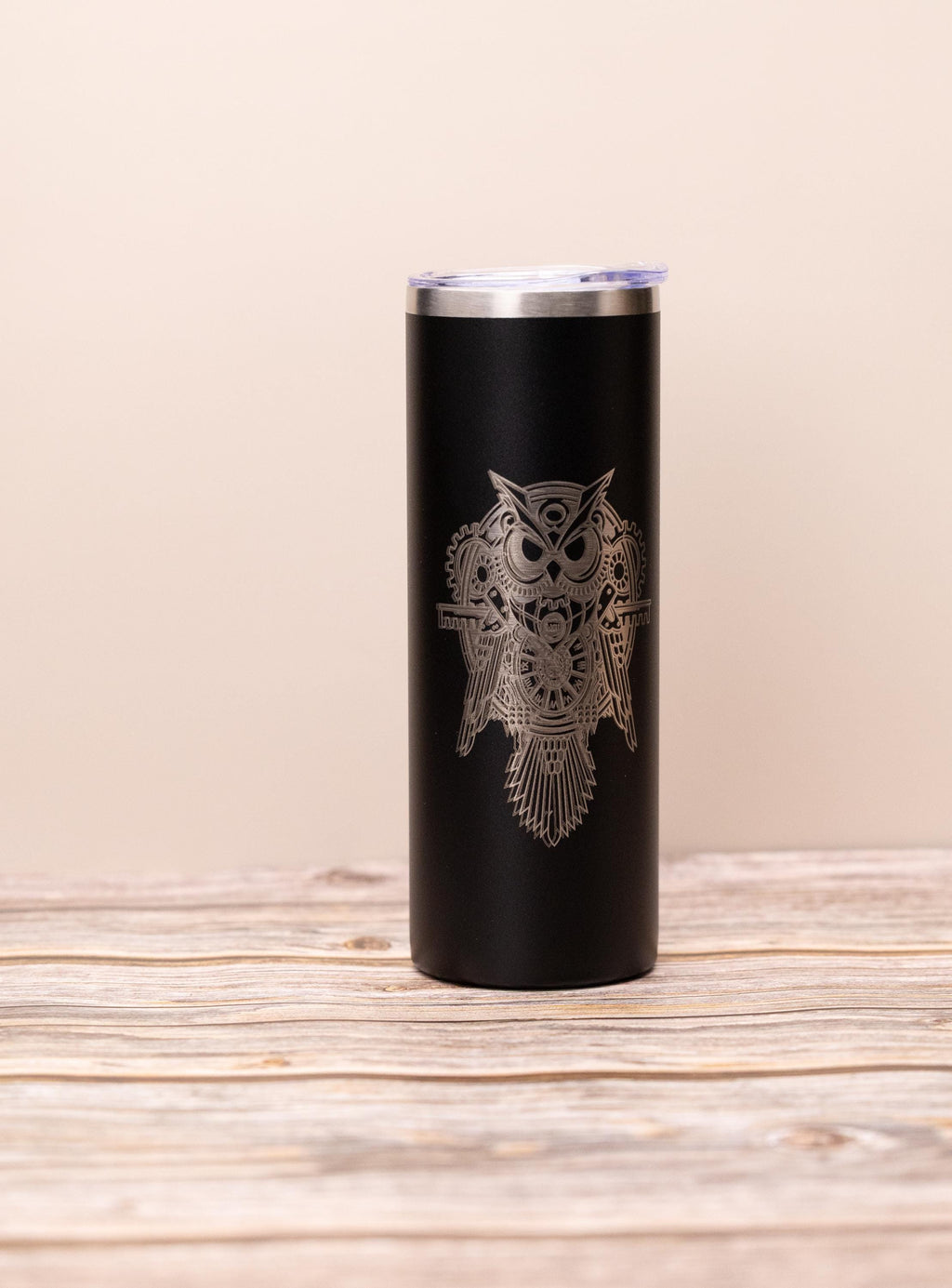 Steampunk owl 20oz skinny tumbler with lid | laser engraved stainless steel cup | fantasy owl gift | geeky nature drinkware