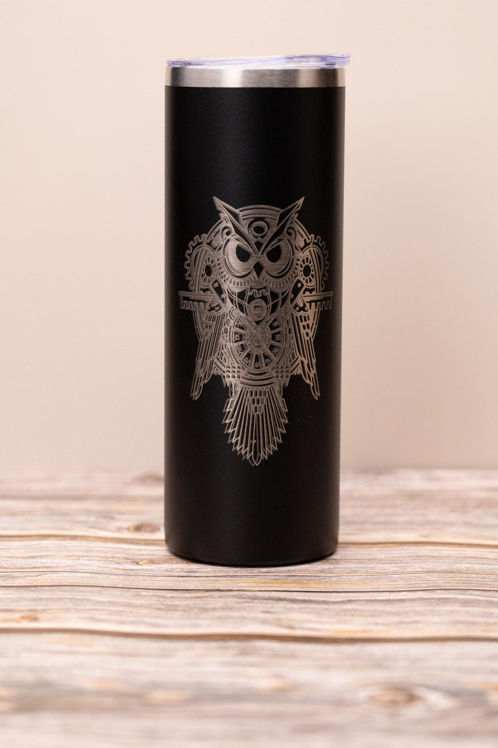 Steampunk owl 20oz skinny tumbler with lid | laser engraved stainless steel cup | fantasy owl gift | geeky nature drinkware