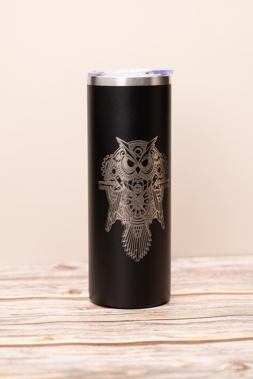 Steampunk owl 20oz skinny tumbler with lid | laser engraved stainless steel cup | fantasy owl gift | geeky nature drinkware
