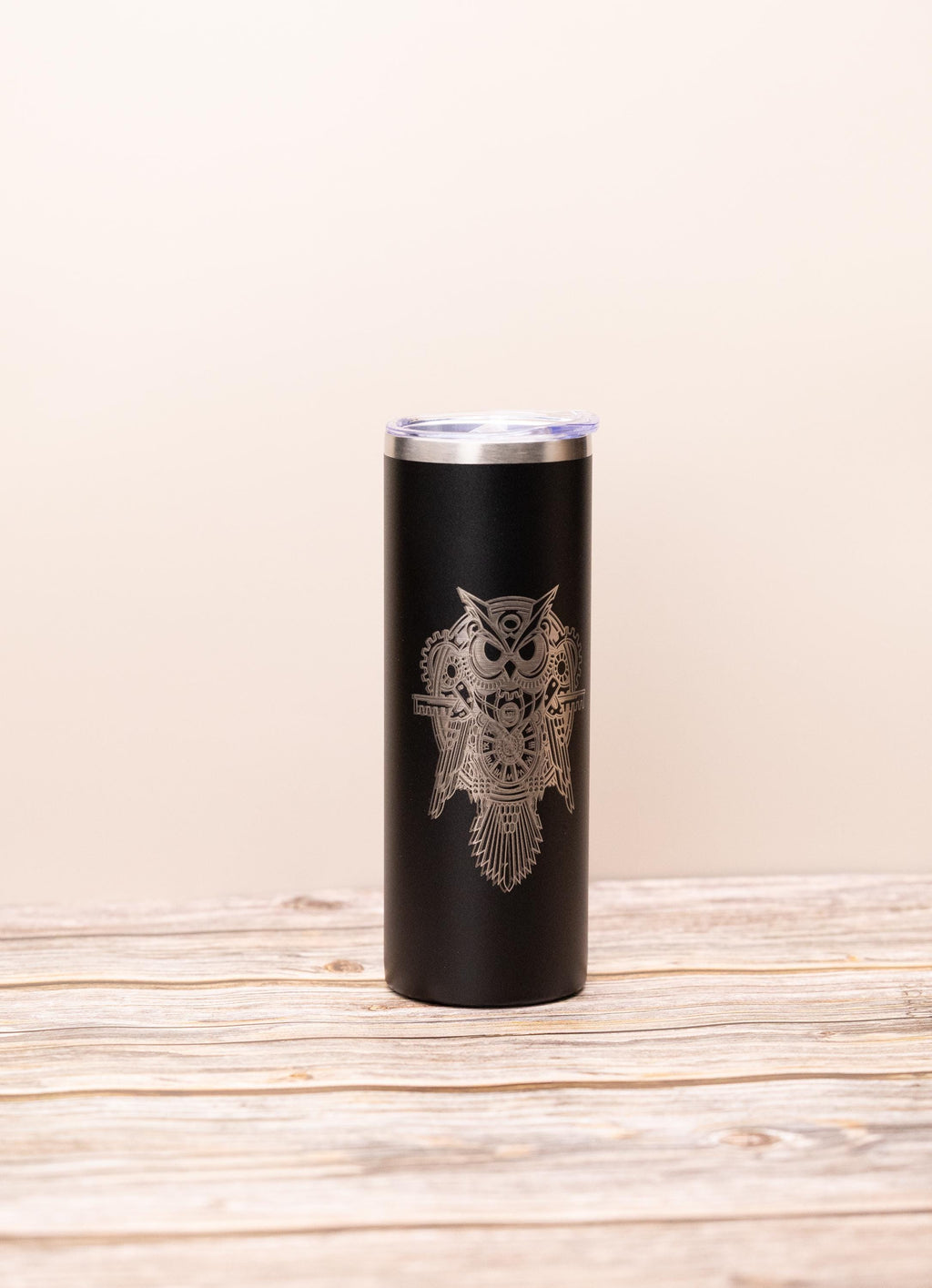 Steampunk owl 20oz skinny tumbler with lid | laser engraved stainless steel cup | fantasy owl gift | geeky nature drinkware