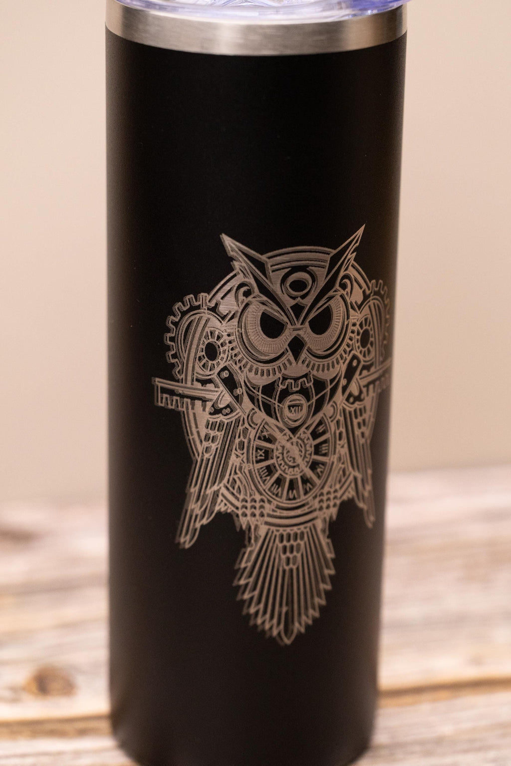 Steampunk owl 20oz skinny tumbler with lid | laser engraved stainless steel cup | fantasy owl gift | geeky nature drinkware