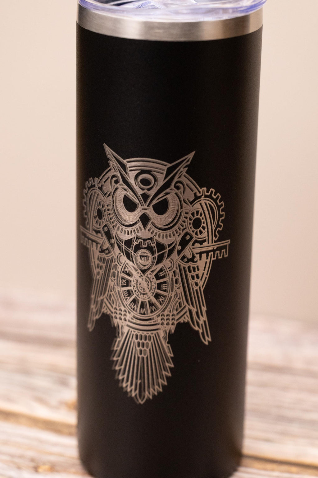 Steampunk owl 20oz skinny tumbler with lid | laser engraved stainless steel cup | fantasy owl gift | geeky nature drinkware