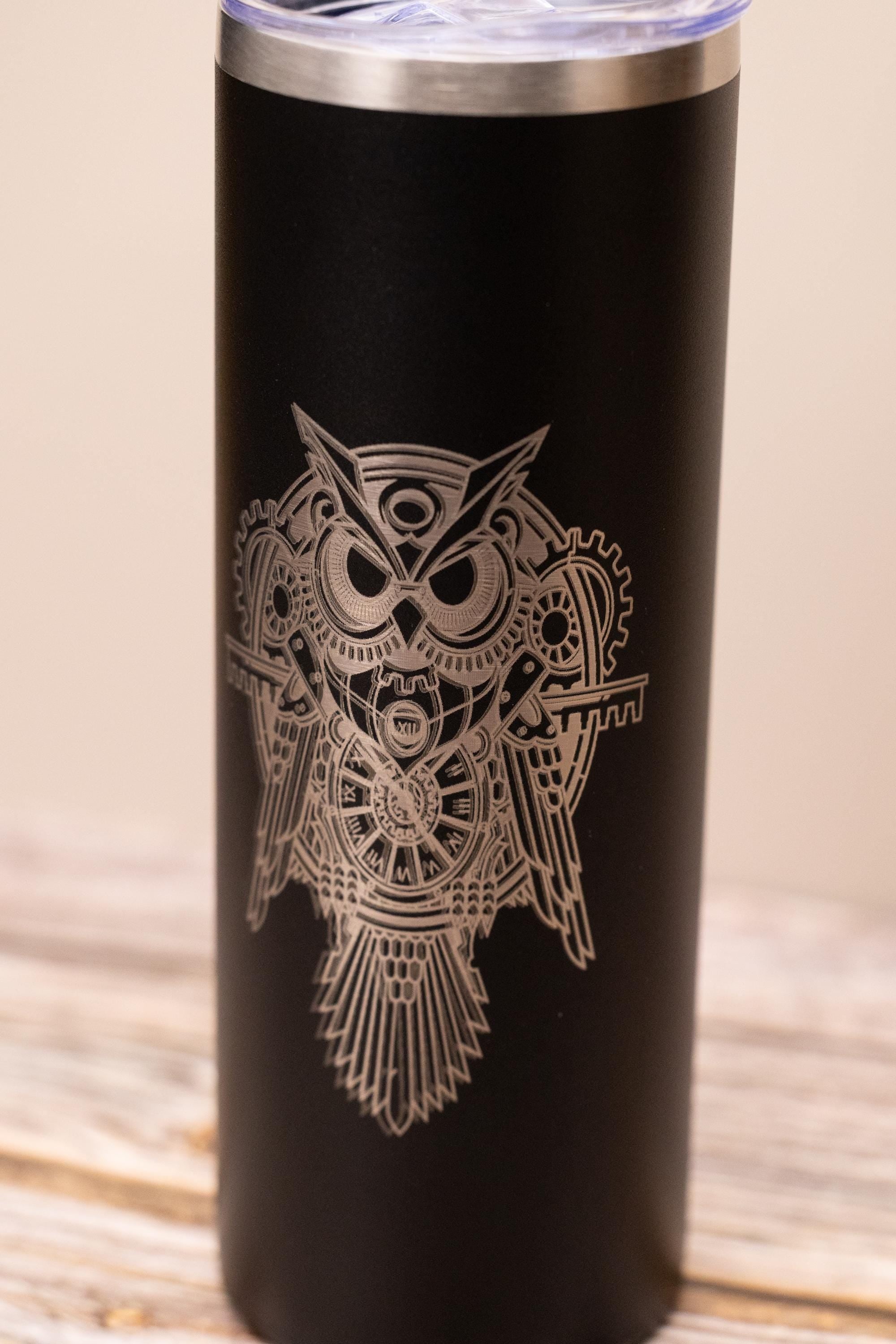 Steampunk owl 20oz skinny tumbler with lid | laser engraved stainless steel cup | fantasy owl gift | geeky nature drinkware