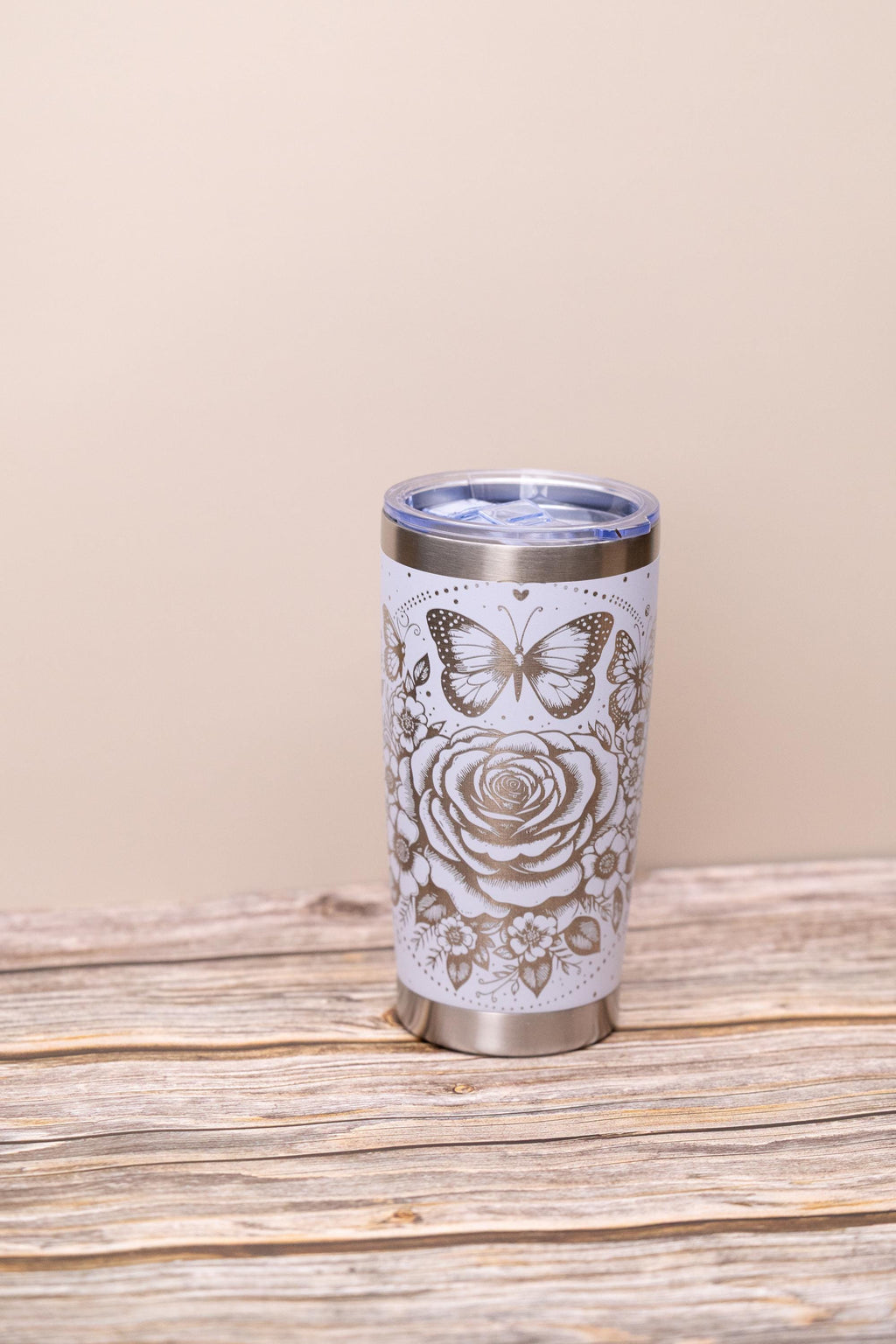 Rose & butterfly wrap 20oz tumbler with lid | laser engraved stainless steel cup | floral butterfly nature gift