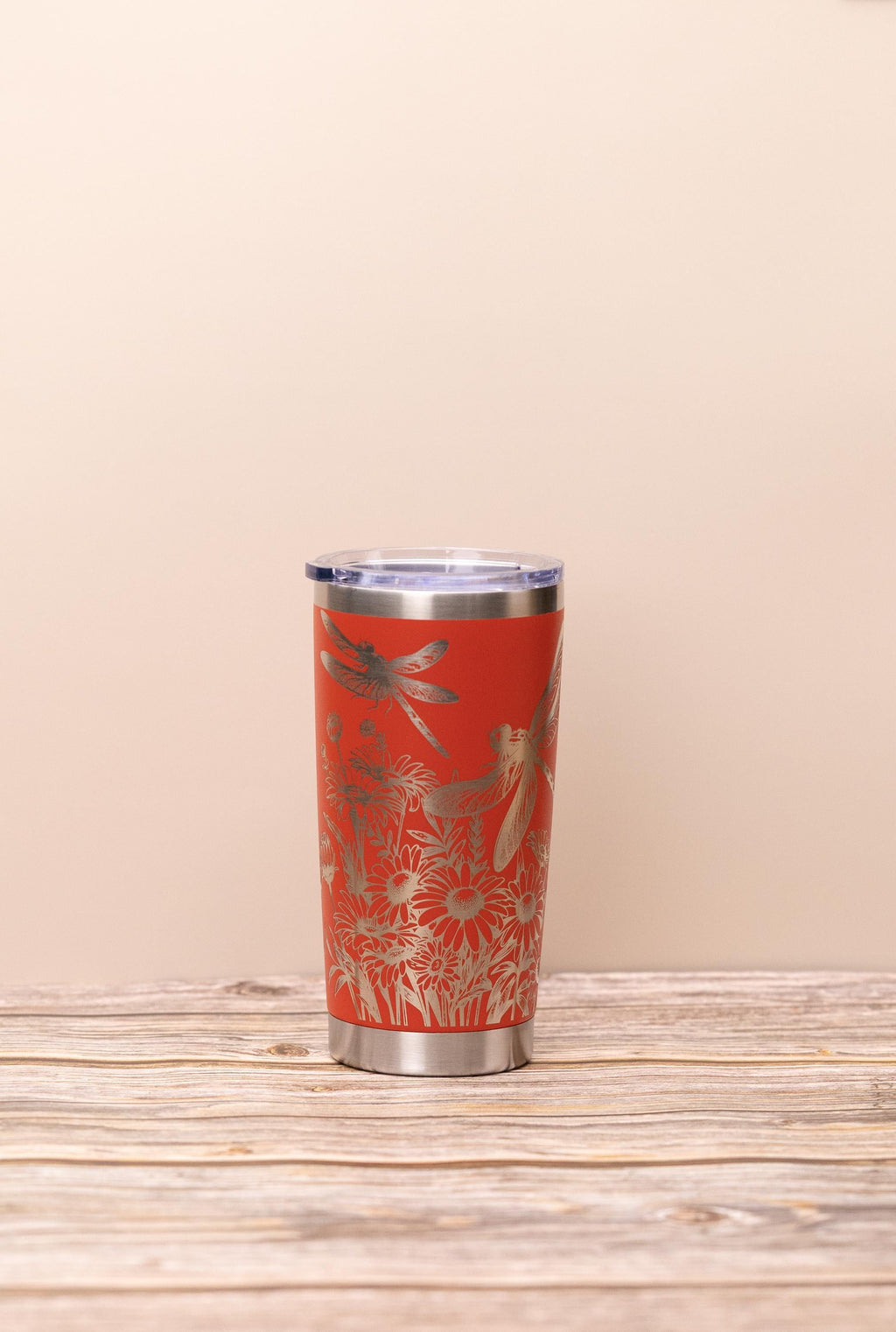 Dragonfly wrap tumbler: laser engraved stainless steel insulated travel mug