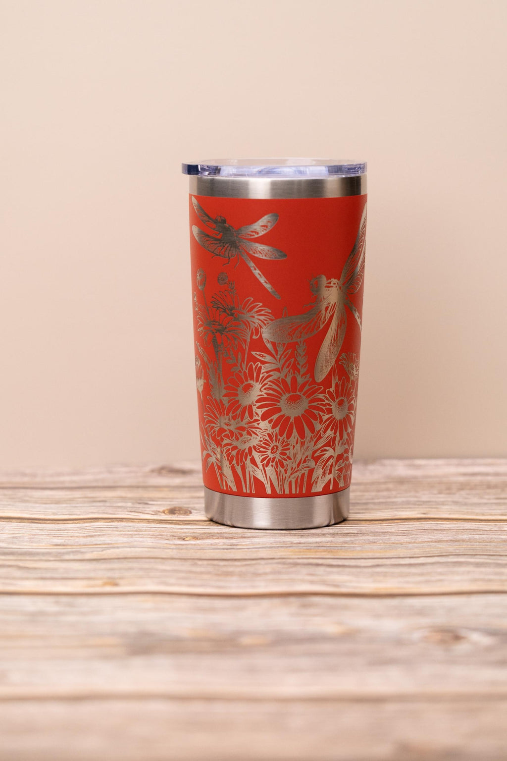 Dragonfly wrap tumbler: laser engraved stainless steel insulated travel mug