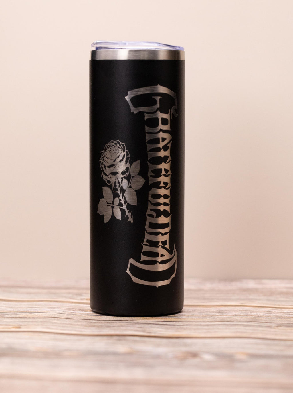 Grateful dead & rose 20oz skinny tumbler with lid | laser engraved stainless steel cup | deadhead music fan gift
