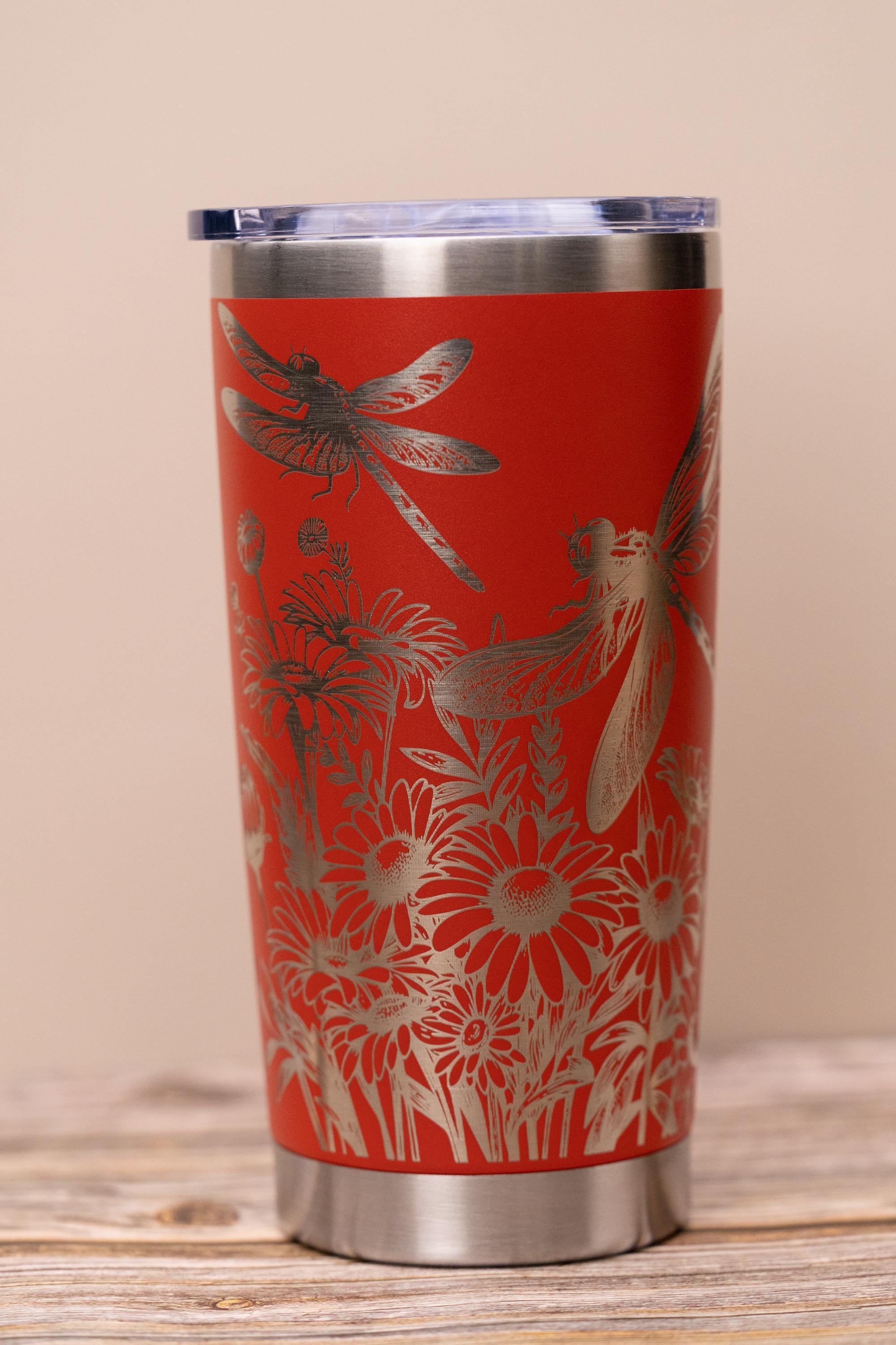Dragonfly wrap tumbler: laser engraved stainless steel insulated travel mug