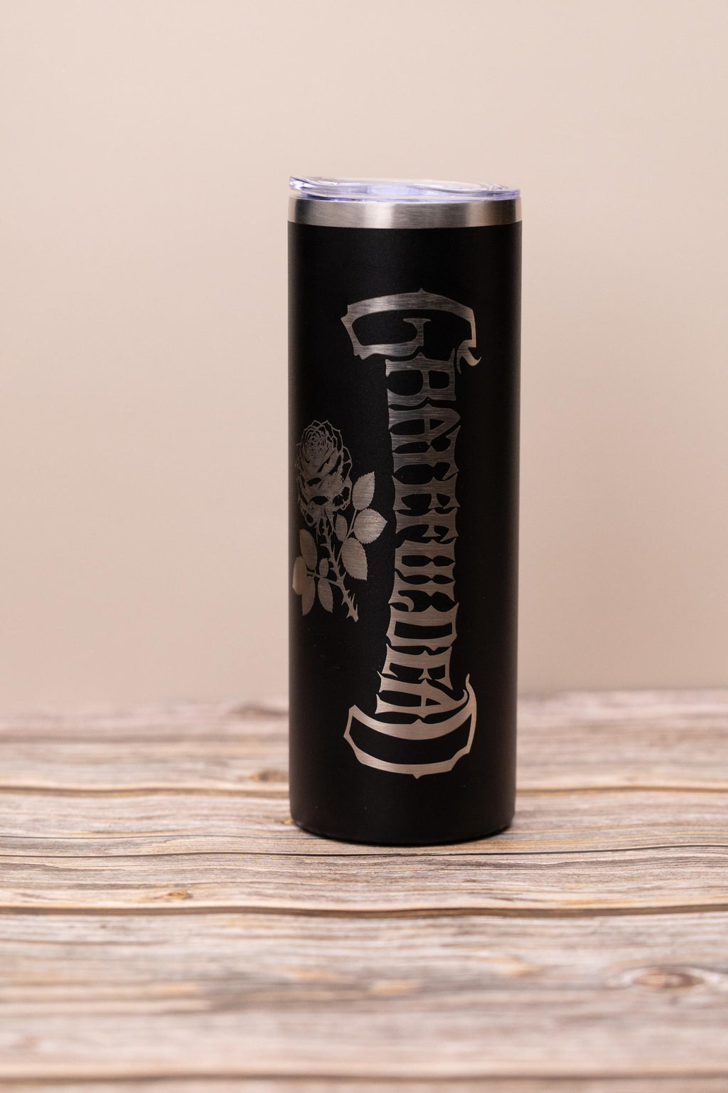 Grateful dead & rose 20oz skinny tumbler with lid | laser engraved stainless steel cup | deadhead music fan gift