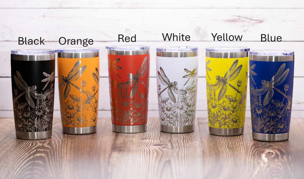 Dragonfly wrap tumbler: laser engraved stainless steel insulated travel mug
