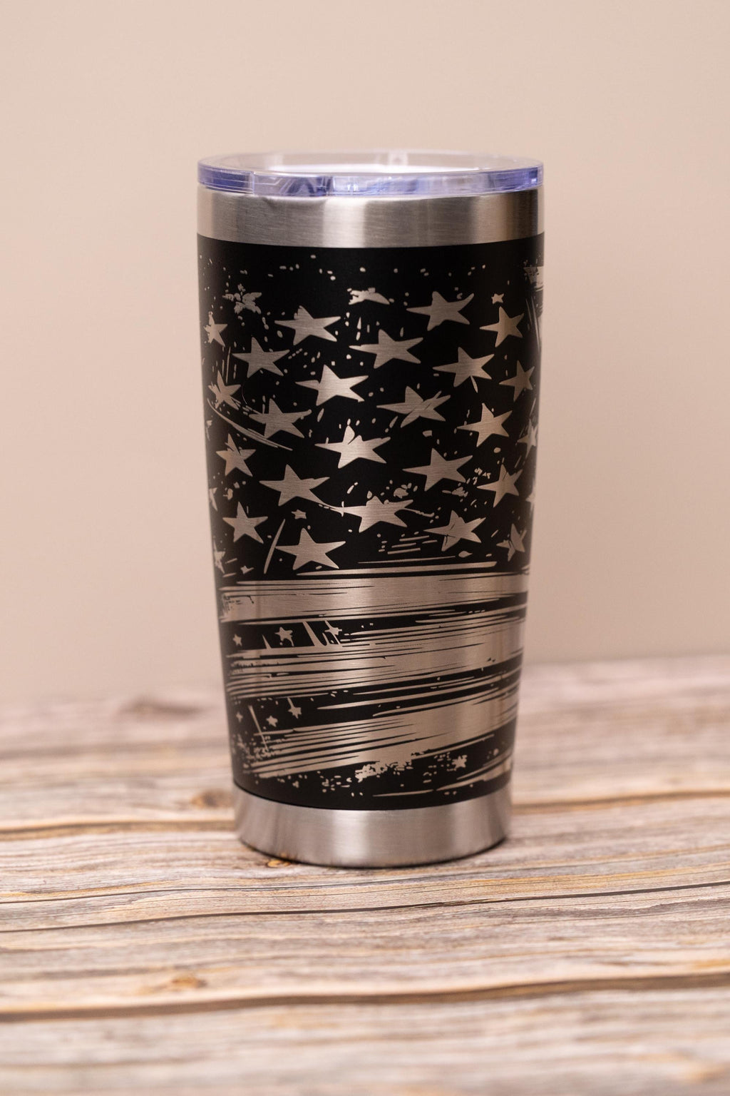 Laser engraved flag wrap tumbler: patriotic stainless steel 20oz travel mug