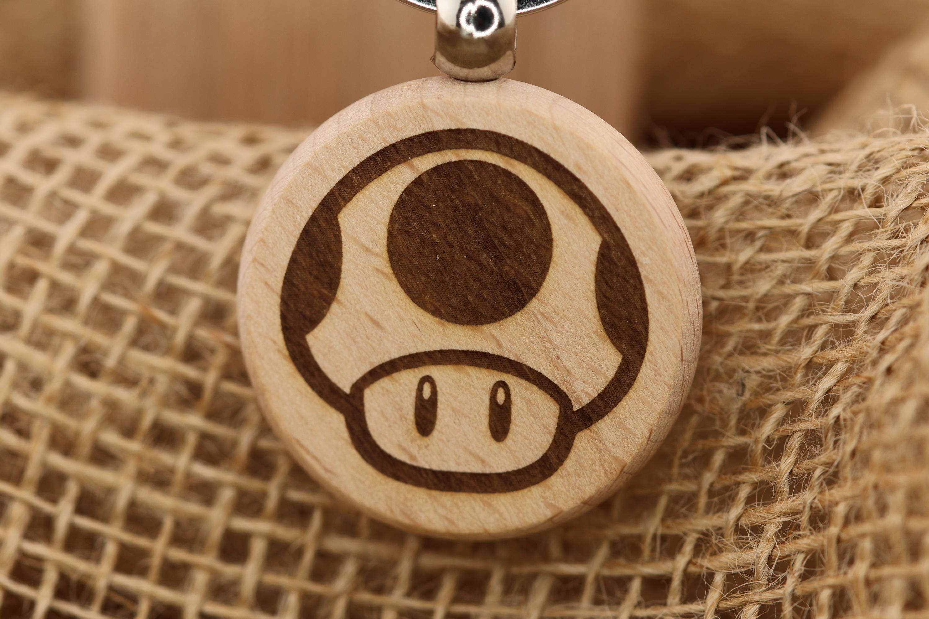 Mario mushroom keychain / bag charm: laser engraved hardwood, stainless steel keyring