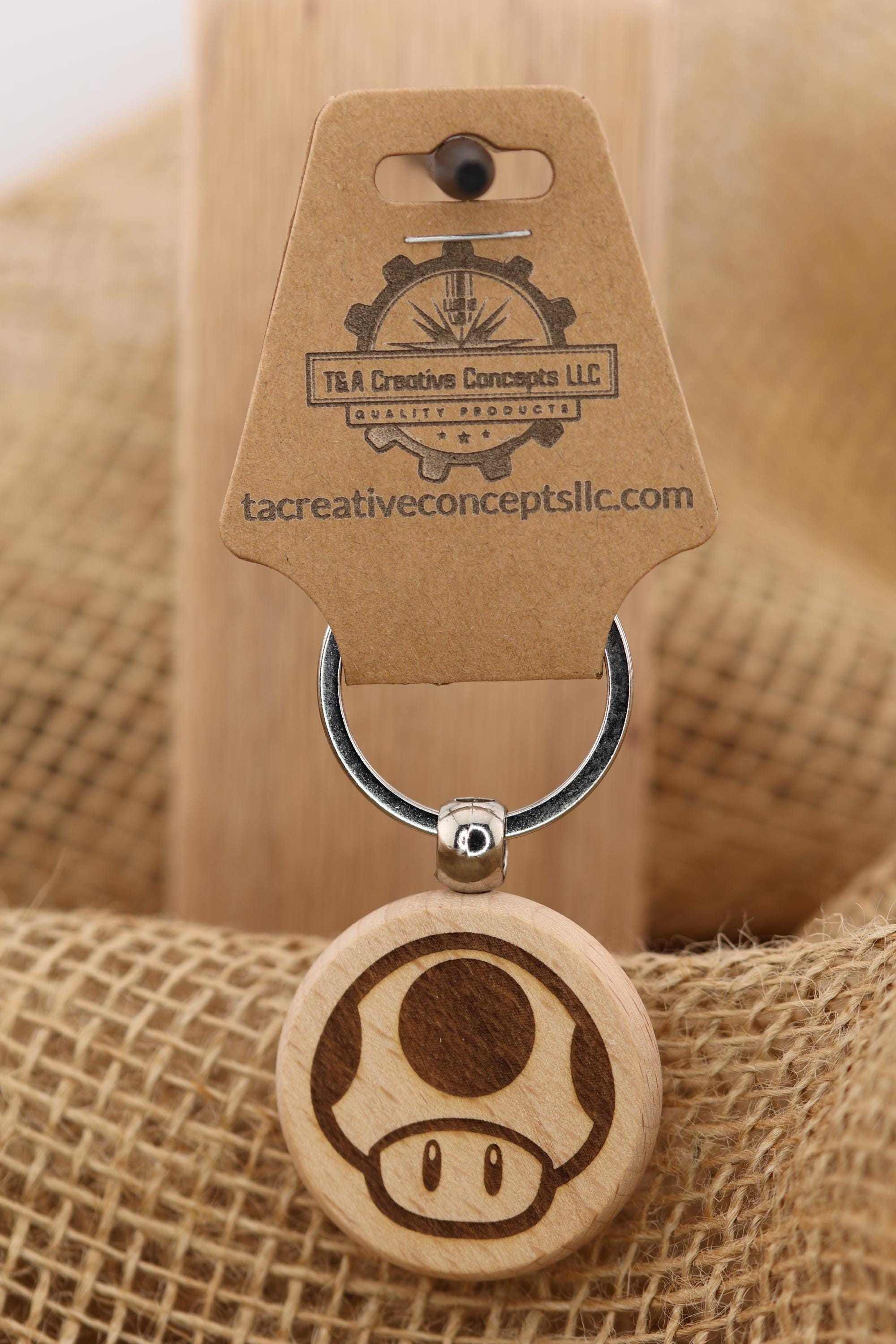 Mario mushroom keychain / bag charm: laser engraved hardwood, stainless steel keyring