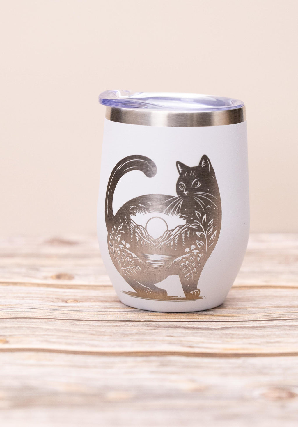Cat wine tumbler: laser engraved stainless steel cup with lid