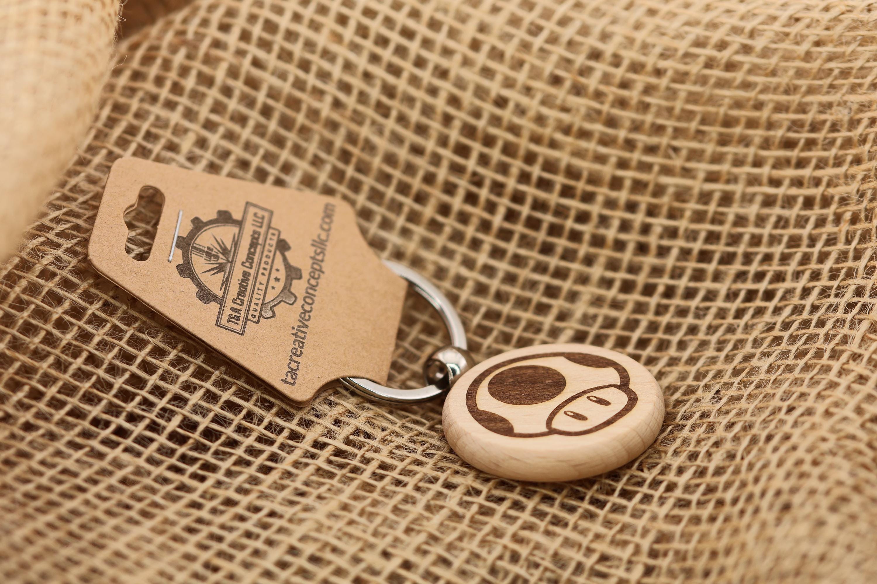 Mario mushroom keychain / bag charm: laser engraved hardwood, stainless steel keyring